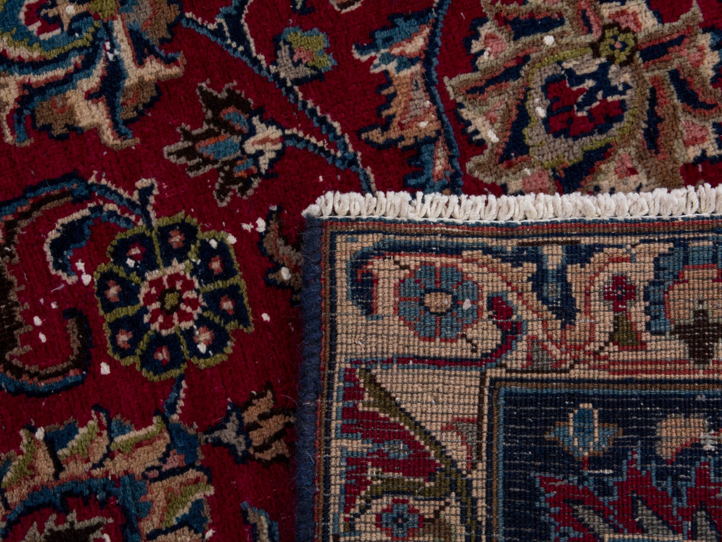 Persian Mashhad oversized rug in burgundy and navy, view 17 of 17