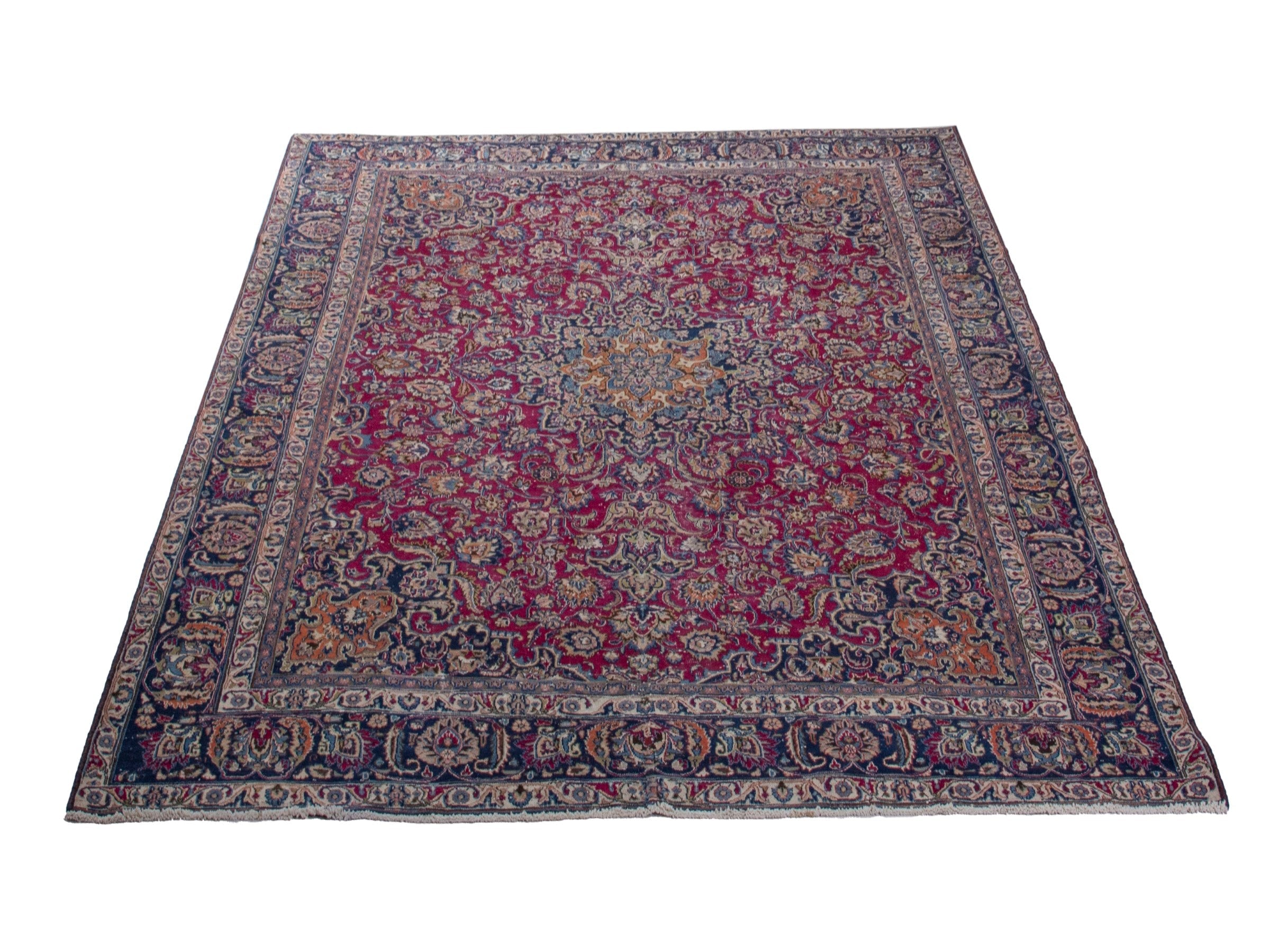 Persian Mashhad oversized rug in burgundy and navy, view 3 of 17