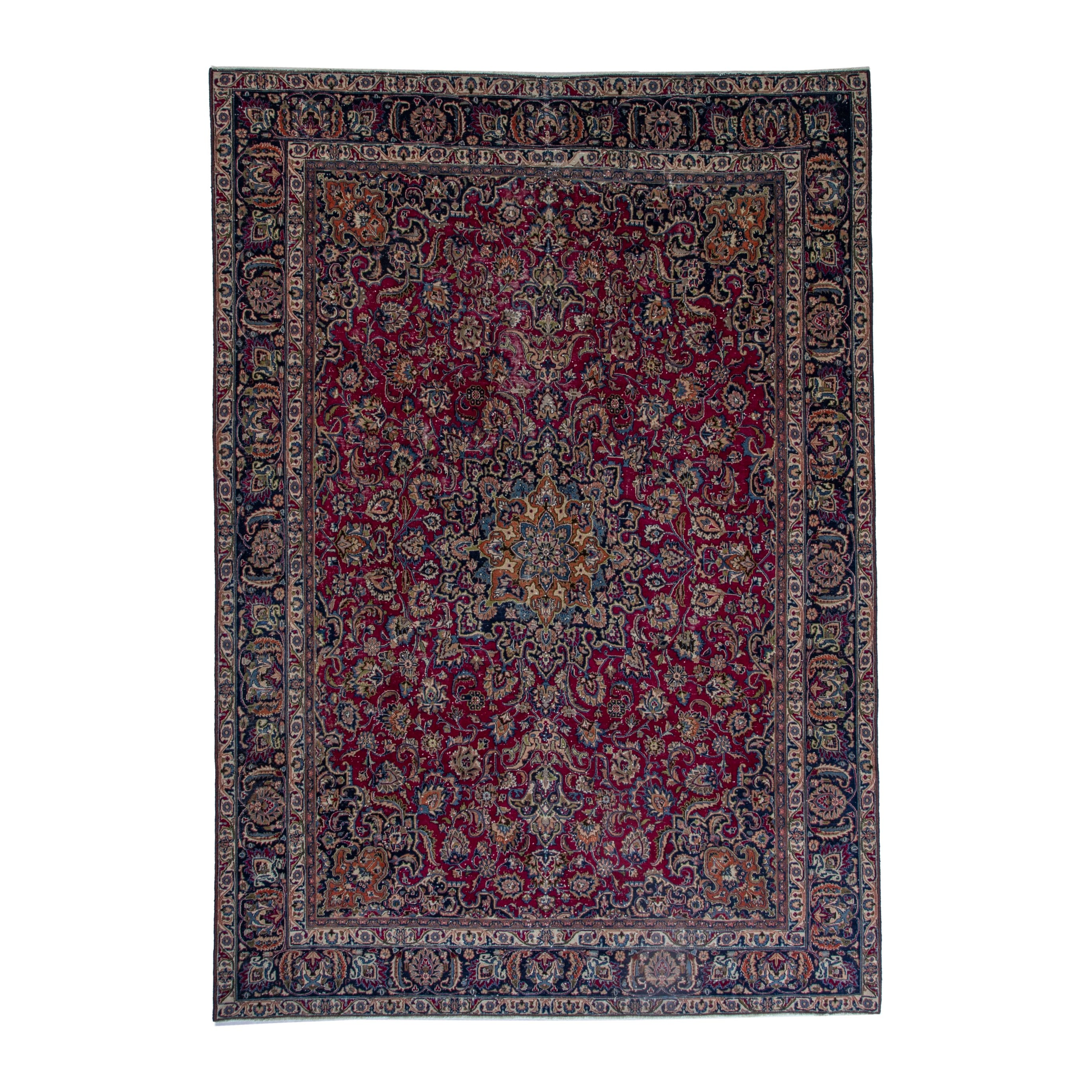 Persian Mashhad oversized rug in burgundy and navy, 9'7" x 12'10"