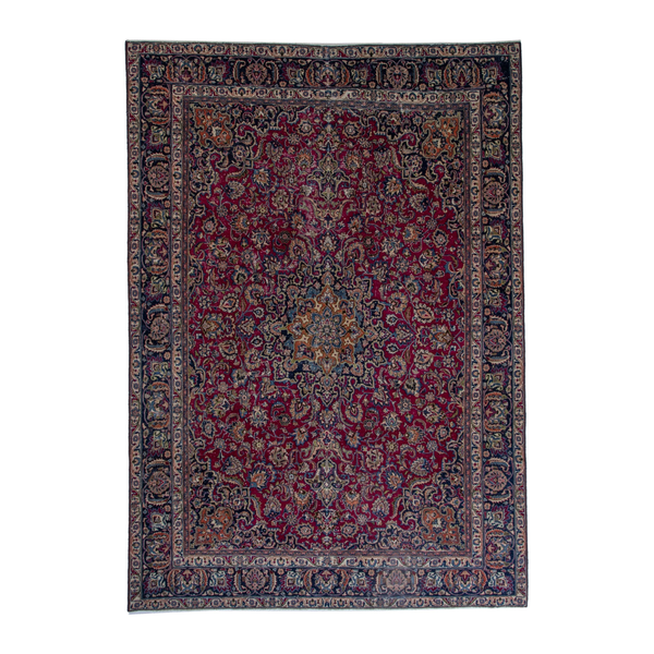 Persian Mashhad oversized rug in burgundy and navy, 9'7" x 12'10"
