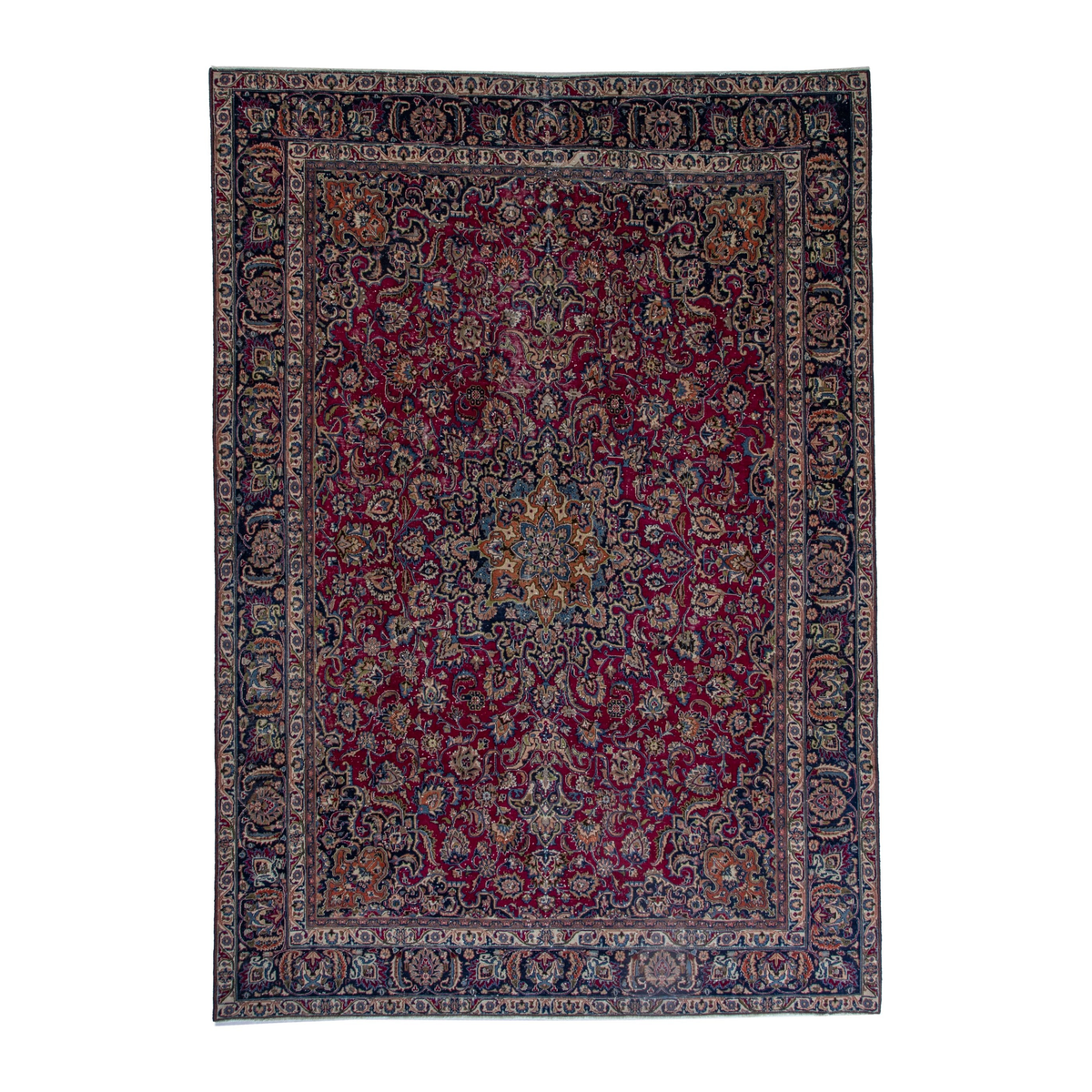 Persian Mashhad oversized rug in burgundy and navy, 9'7" x 12'10"