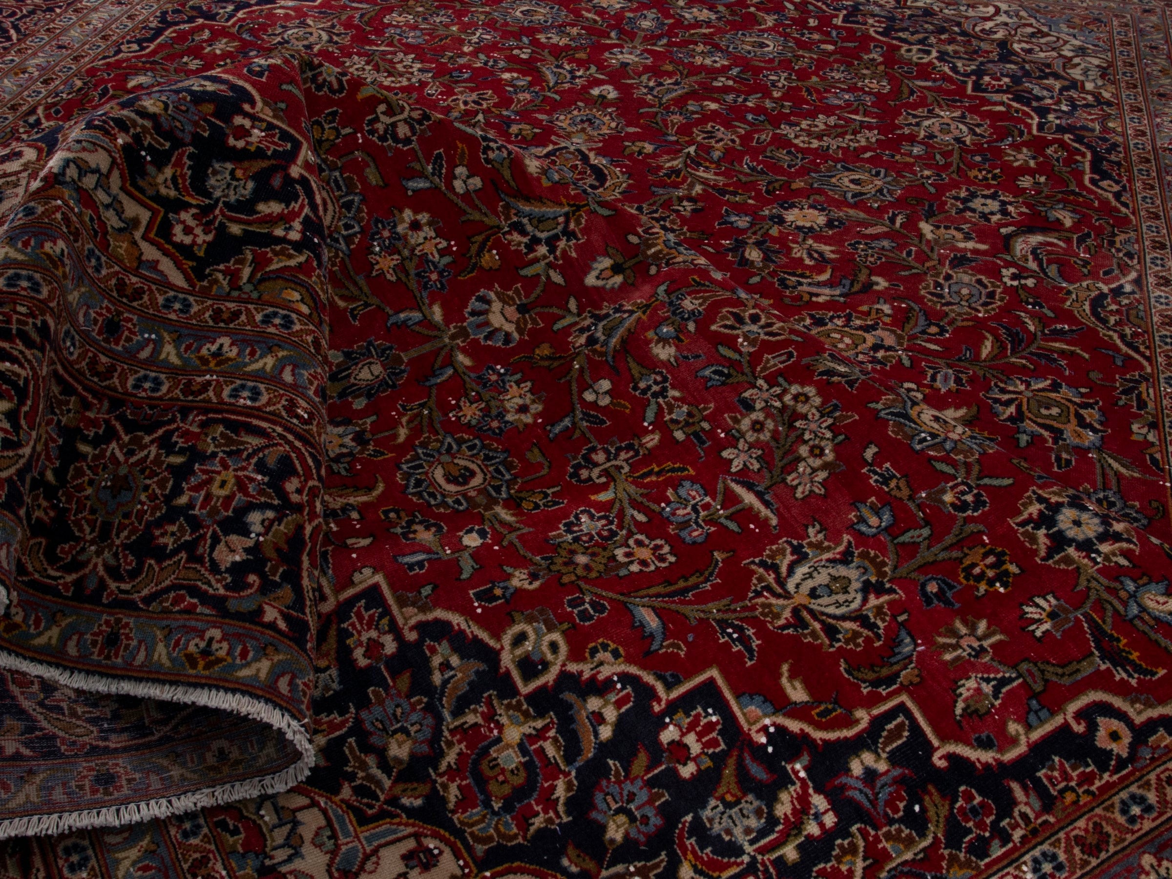 Persian Kashan oversized rug in deep red and dark brown, view 16 of 18