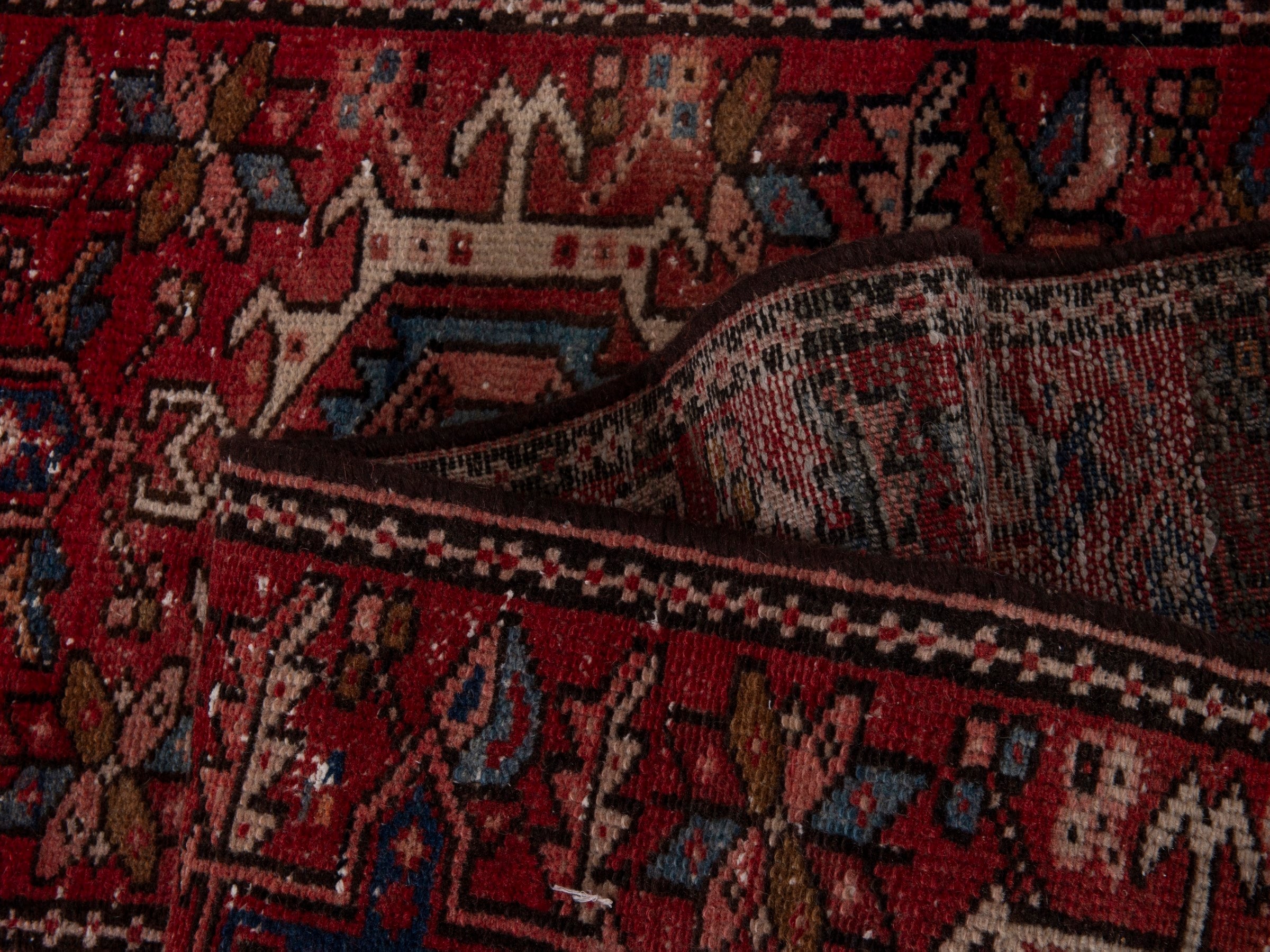 Persian Gharajeh runner rug in deep red and dark blue, view 15 of 17