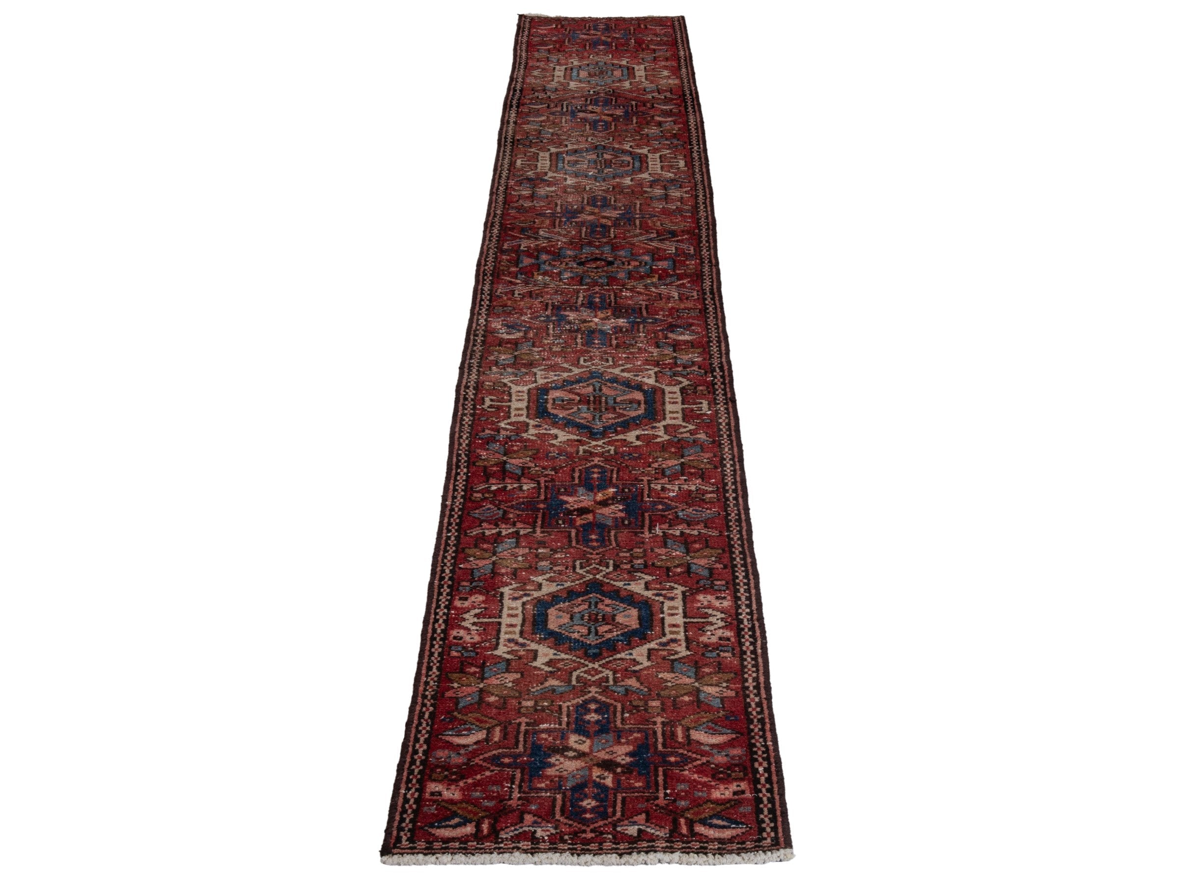 Persian Gharajeh runner rug in deep red and dark blue, view 2 of 17