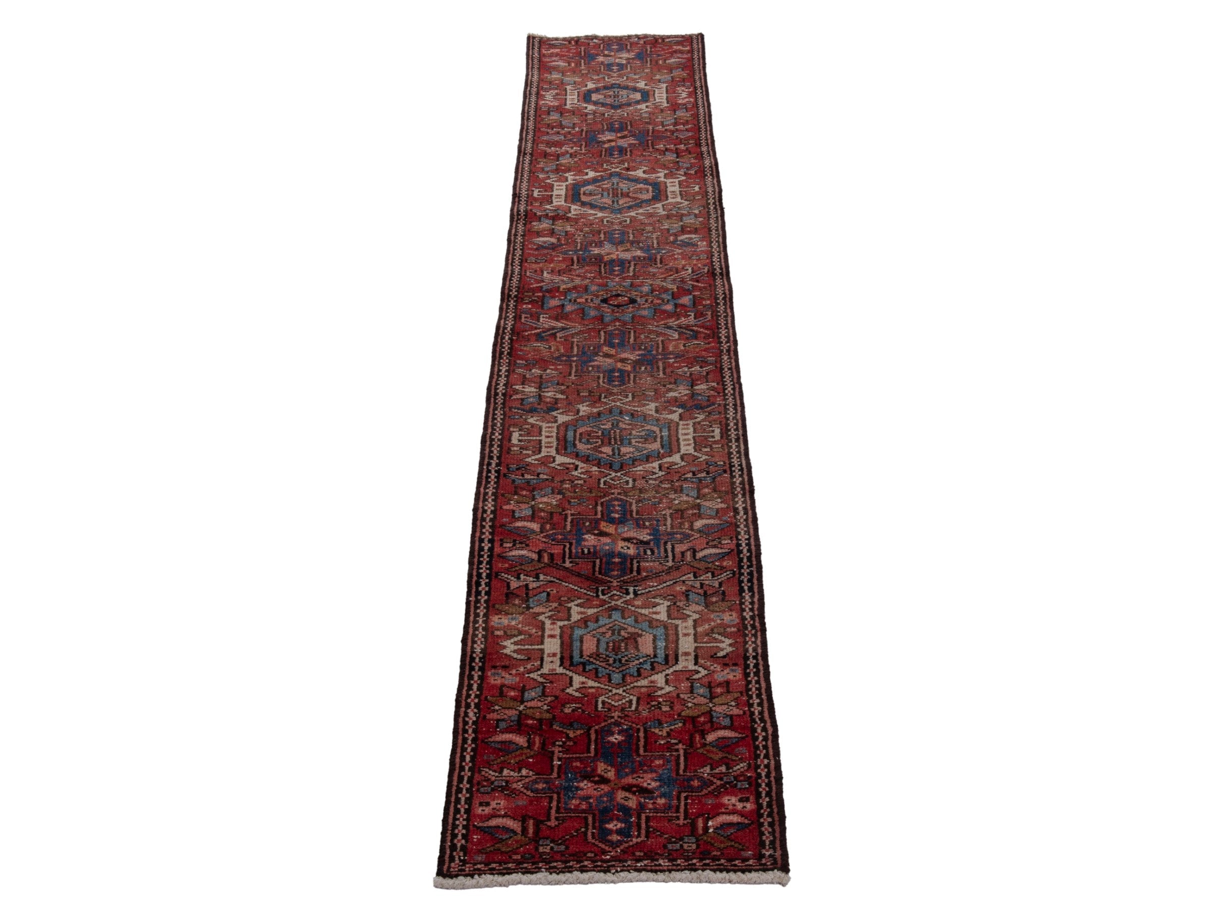 Persian Gharajeh runner rug in deep red and dark blue, view 3 of 17