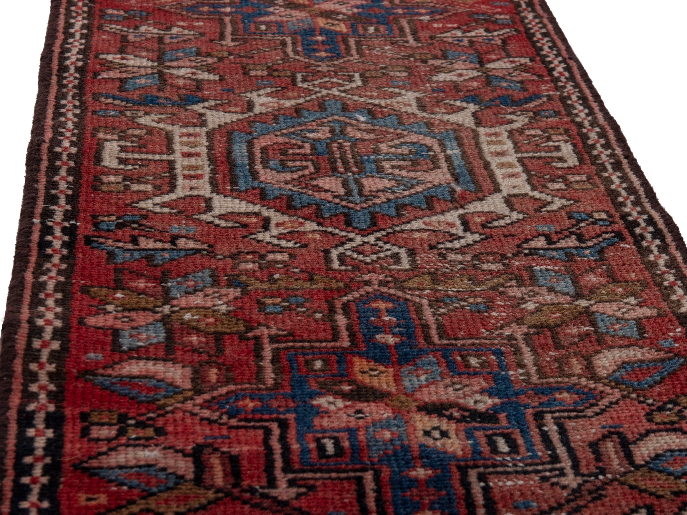 Persian Gharajeh runner rug in deep red and dark blue, view 9 of 17
