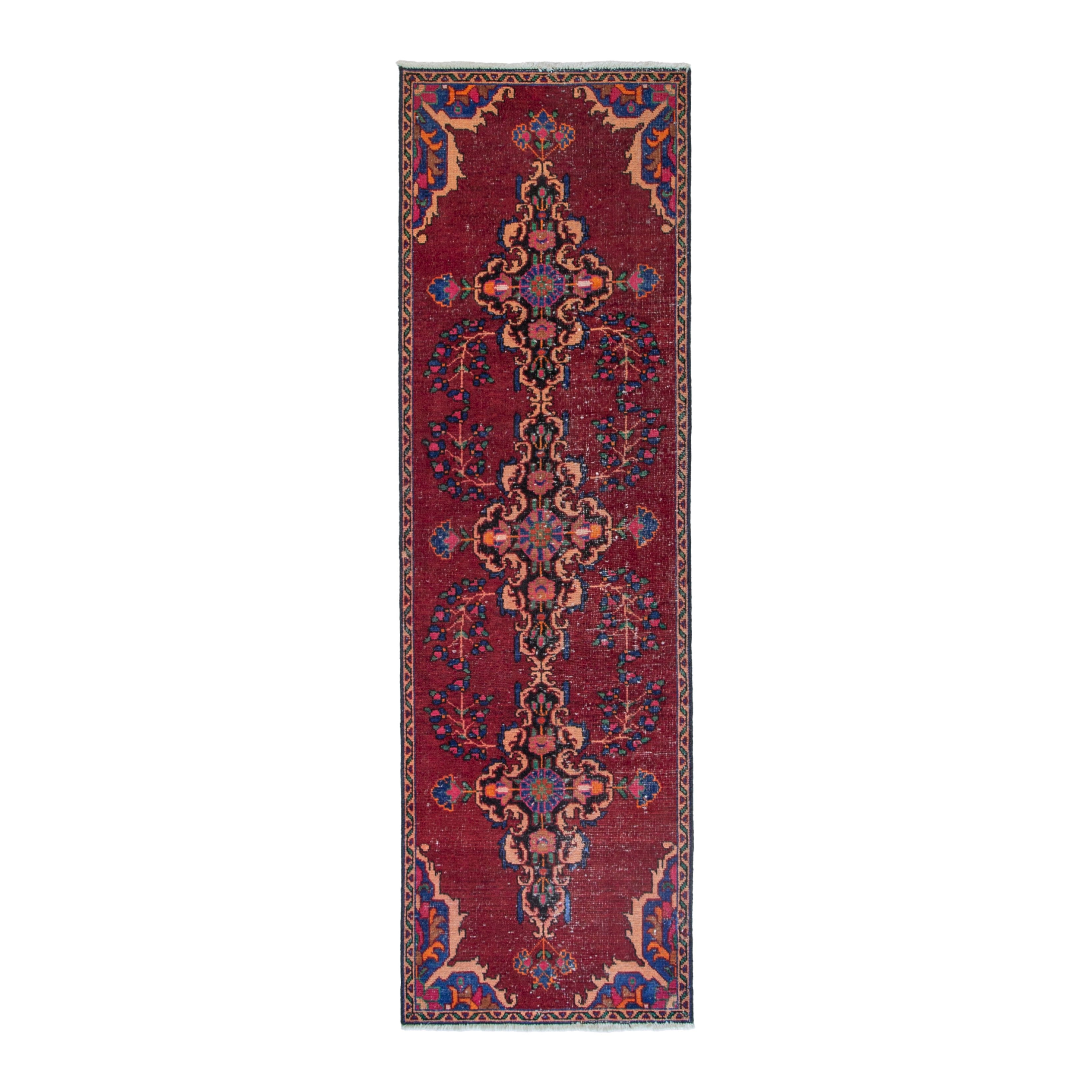 Persian Ferdos runner rug in burgundy and cream, 2'11" x 9'2"