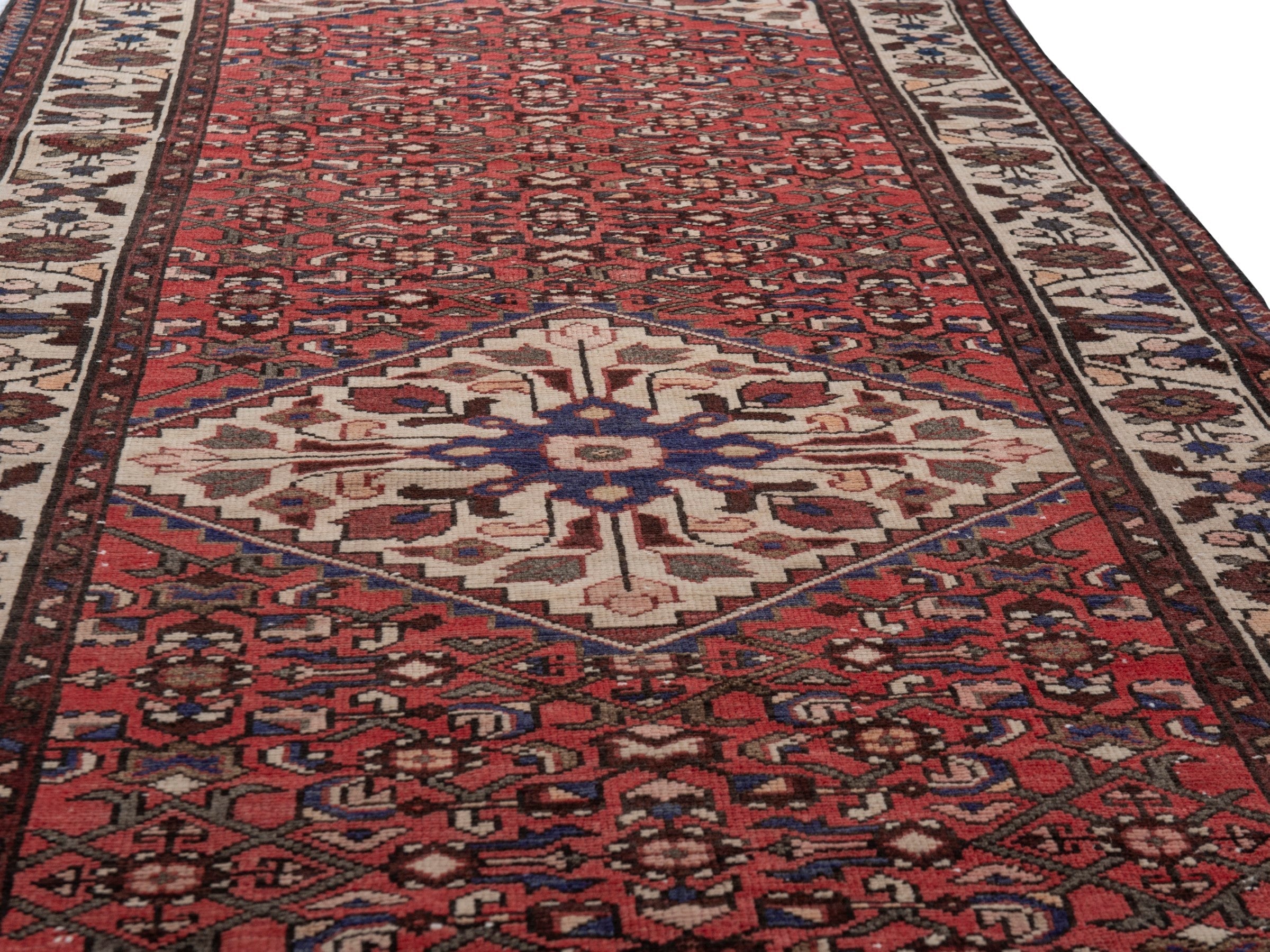 Persian Hamedan runner rug in deep red and cream, view 10 of 18