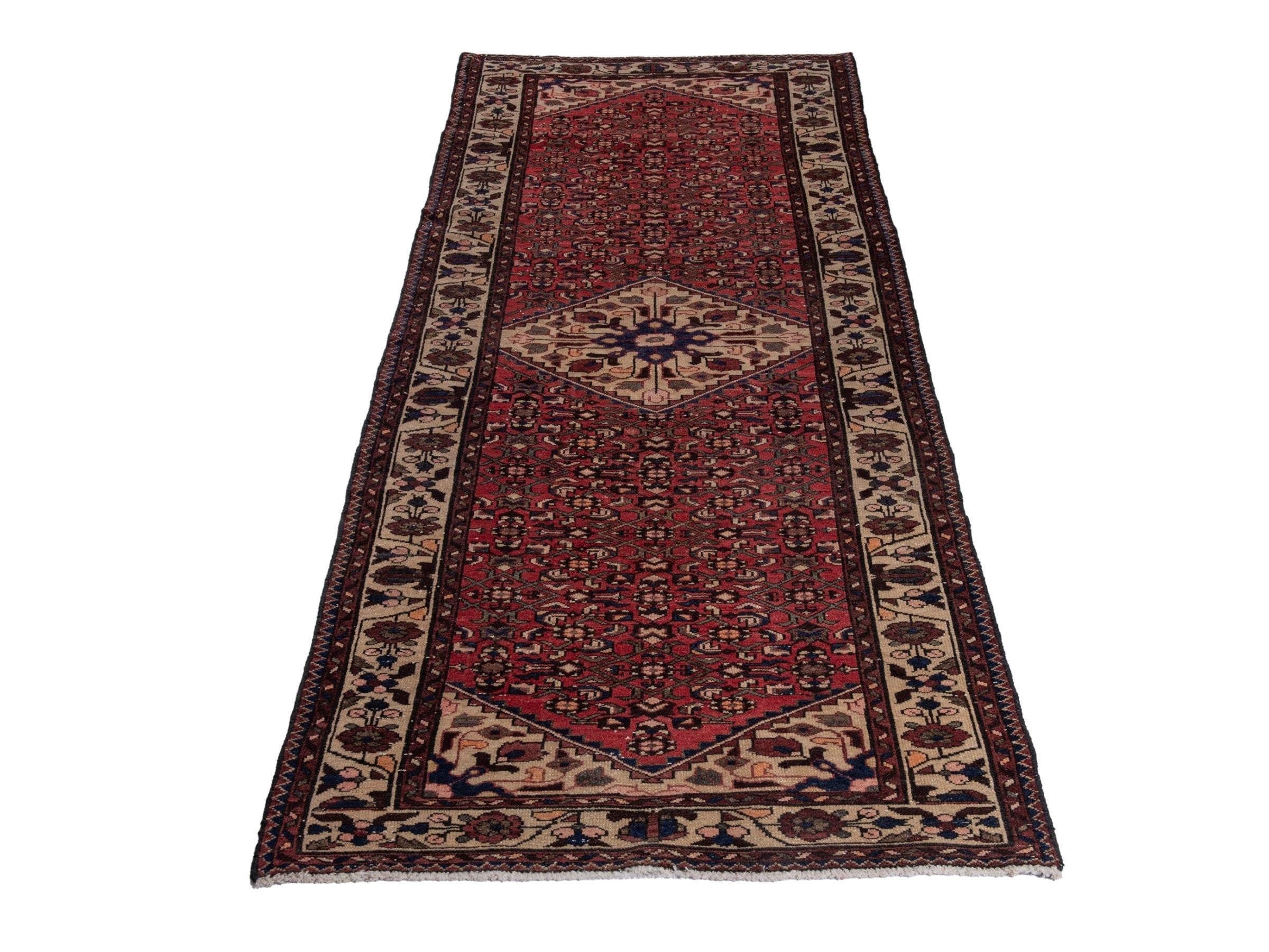 Persian Hamedan runner rug in deep red and cream, view 2 of 18