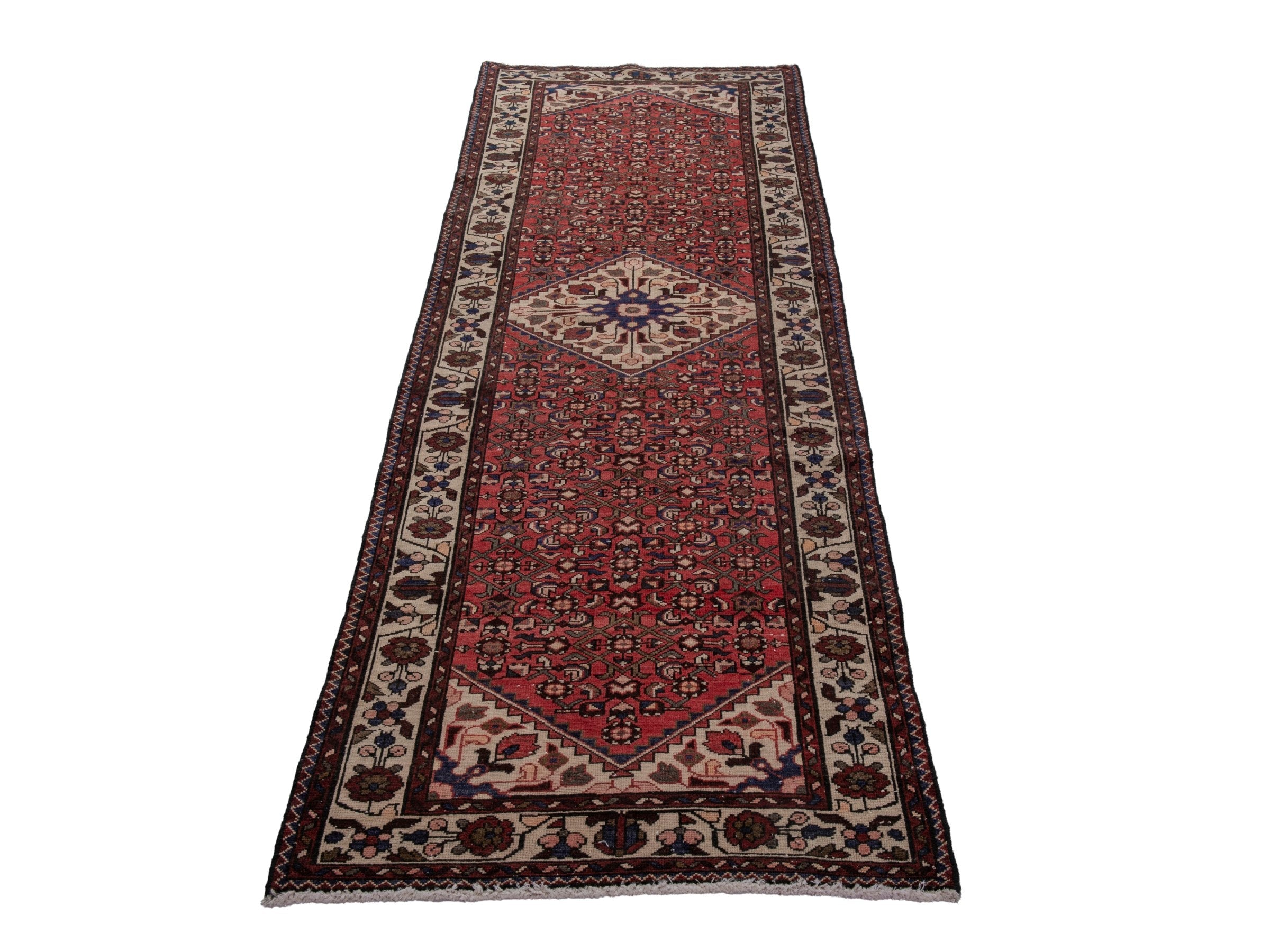 Persian Hamedan runner rug in deep red and cream, view 3 of 18