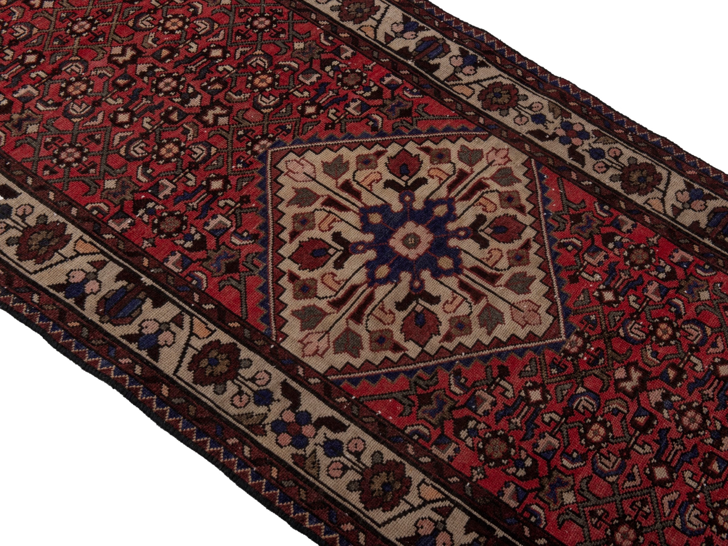 Persian Hamedan runner rug in deep red and cream, view 4 of 18