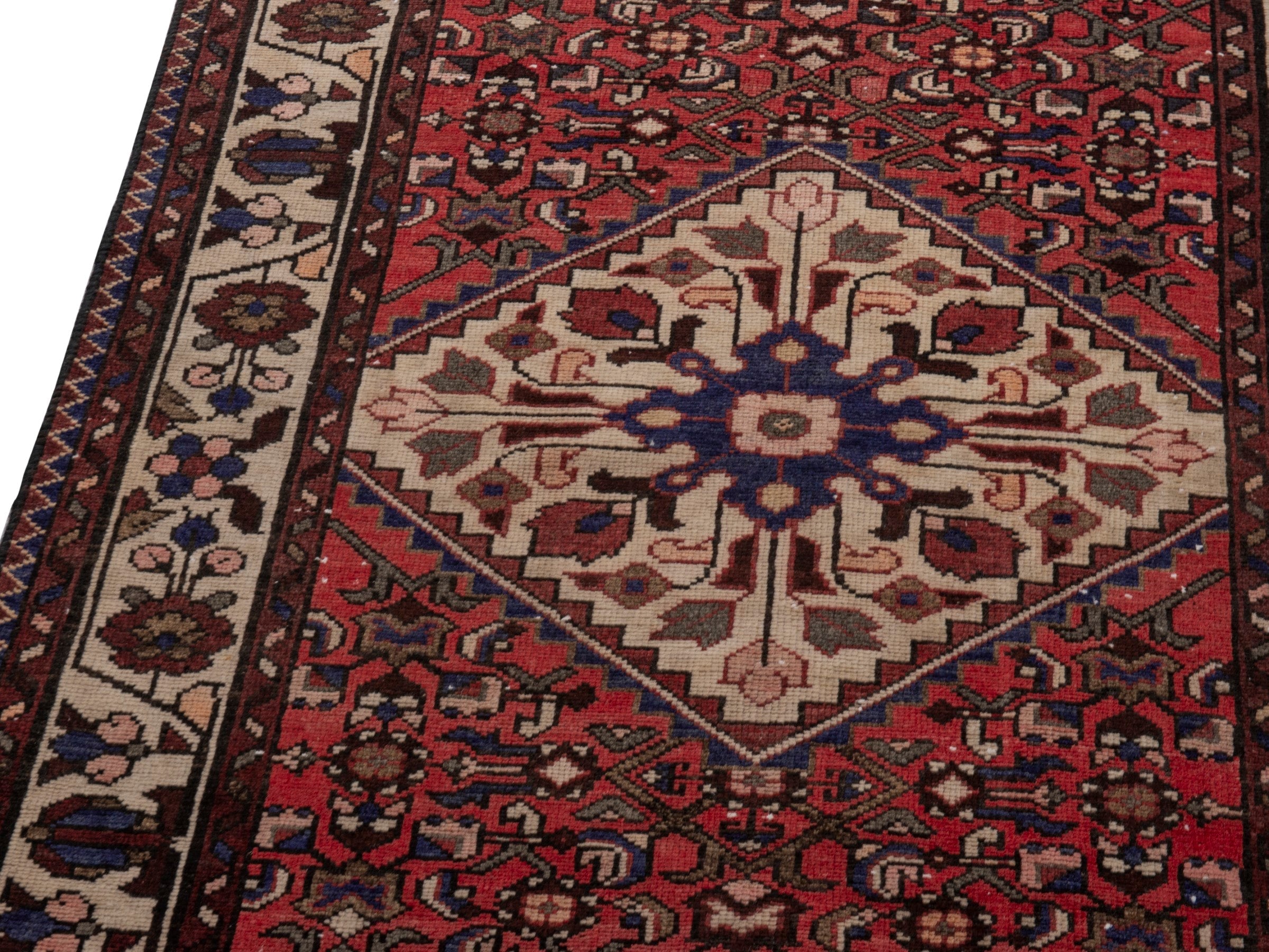 Persian Hamedan runner rug in deep red and cream, view 7 of 18