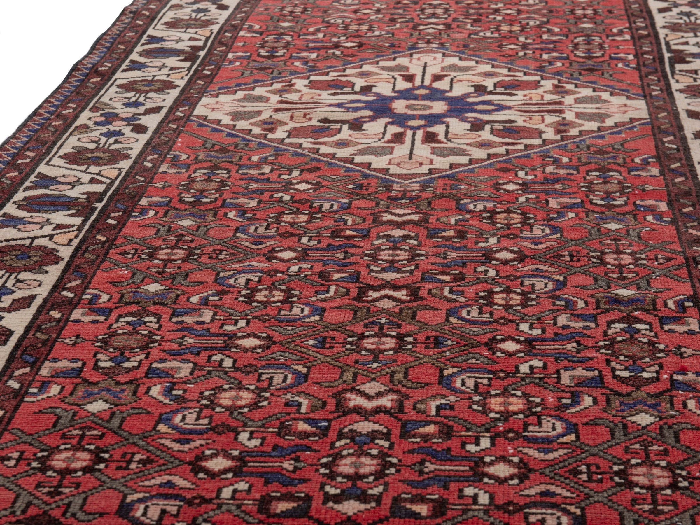 Persian Hamedan runner rug in deep red and cream, view 9 of 18