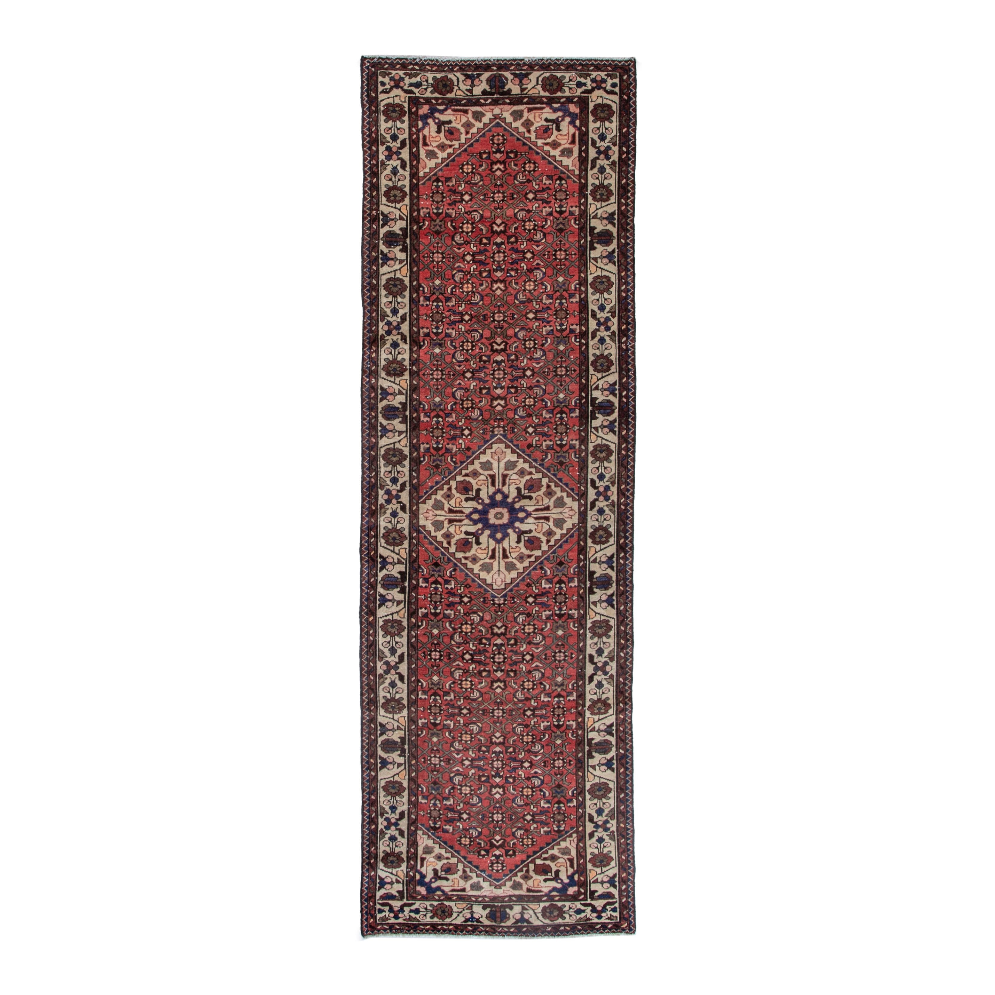 Persian Hamedan runner rug in deep red and cream, 3'3" x 9'11"