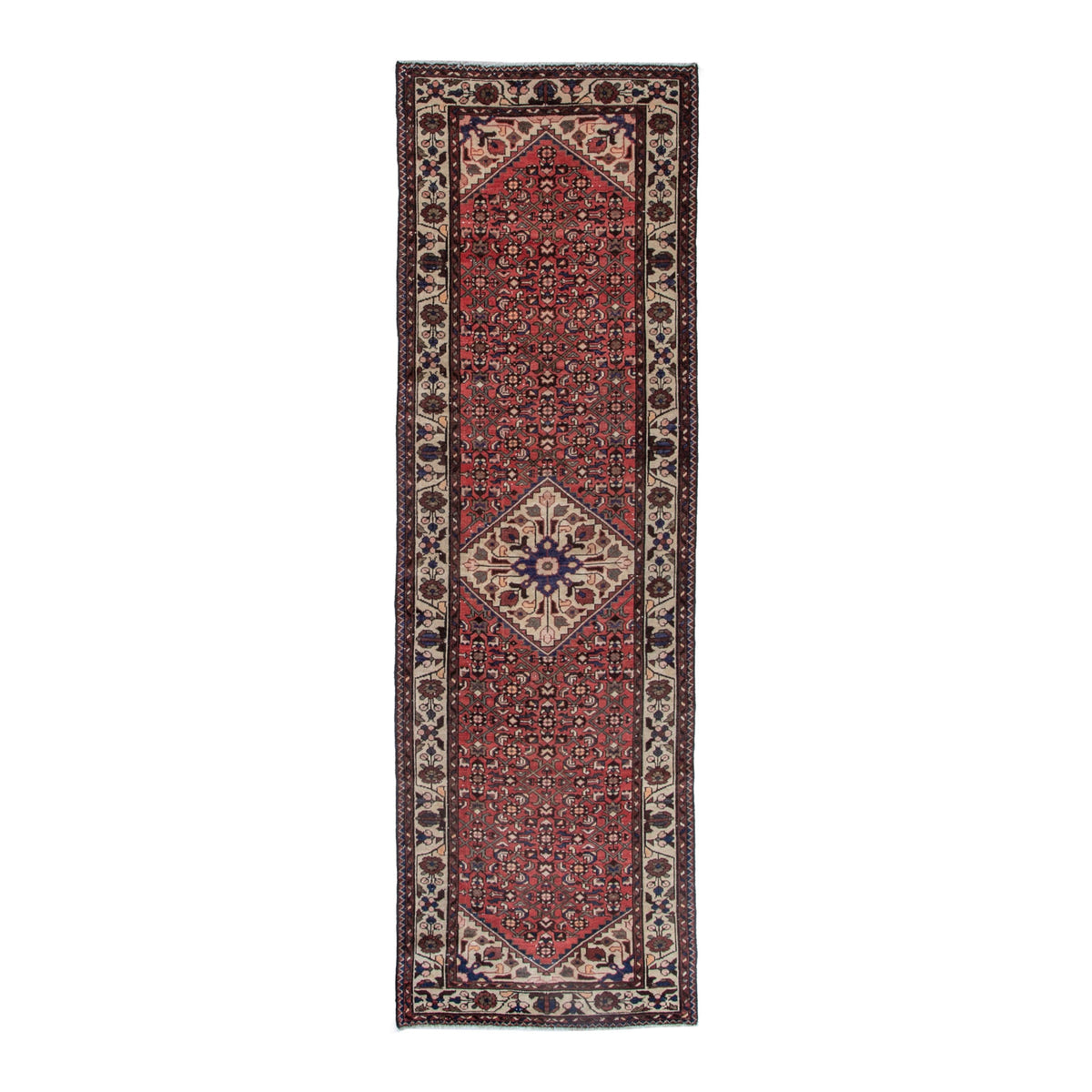 Persian Hamedan runner rug in deep red and cream, 3'3" x 9'11"