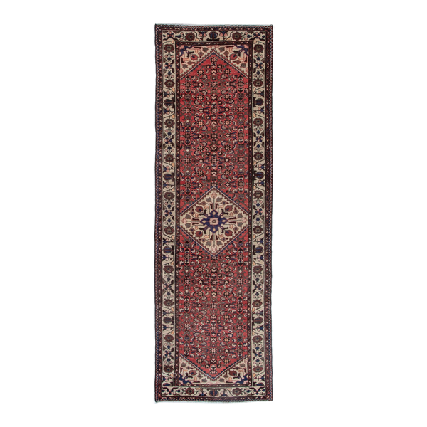 Persian Hamadan runner rug in deep red and cream, 3'3" x 9'11"