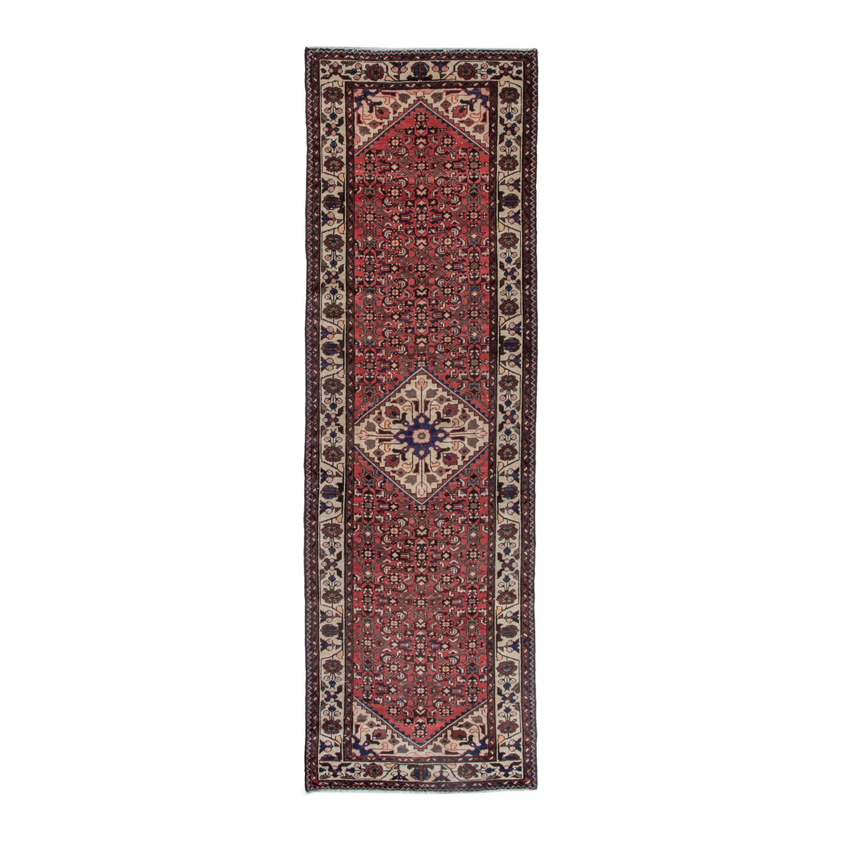 Persian Hamedan runner rug in deep red and cream, 3'3" x 9'11"