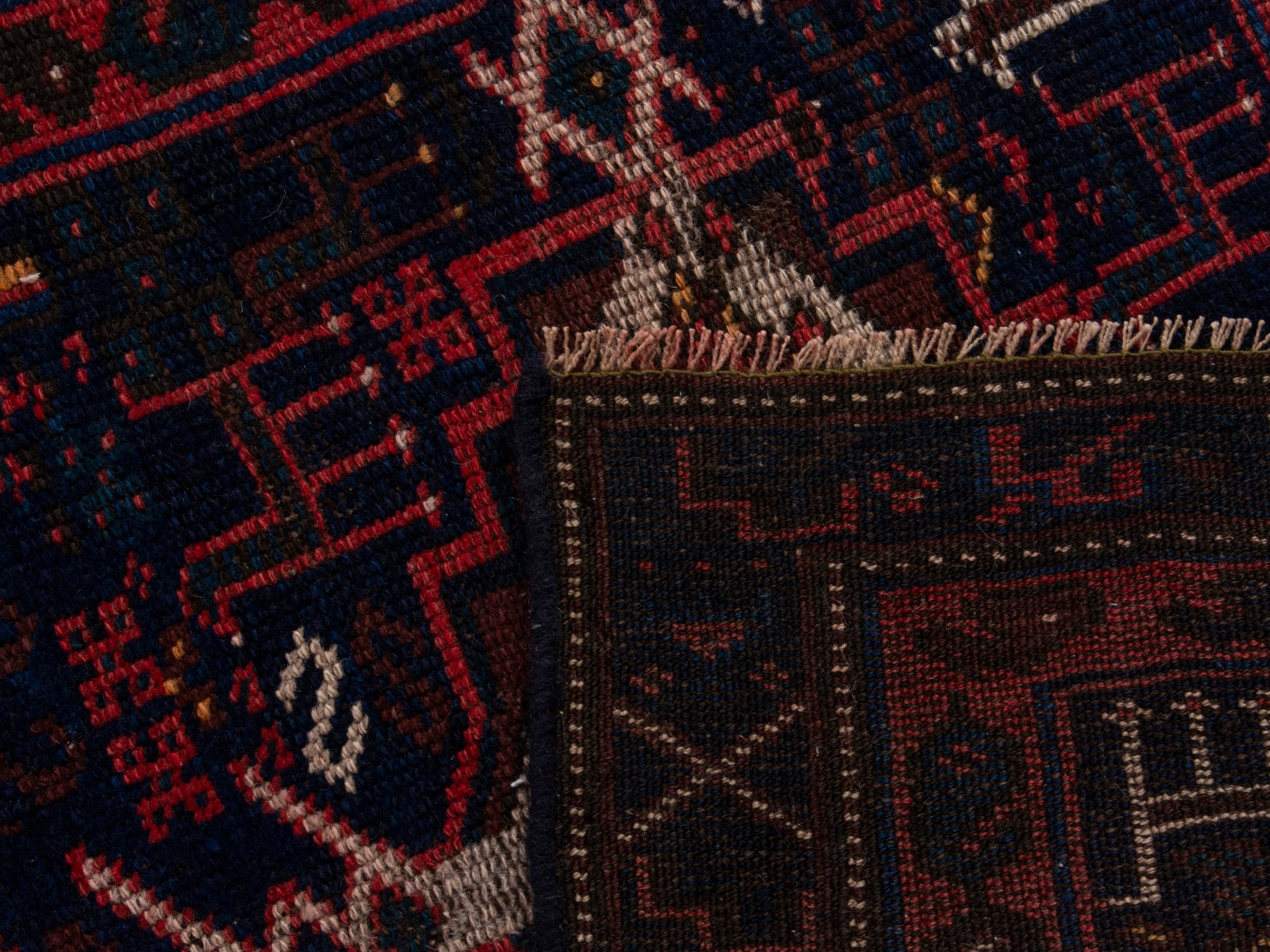 Persian Lori runner rug in navy and burgundy, view 17 of 17