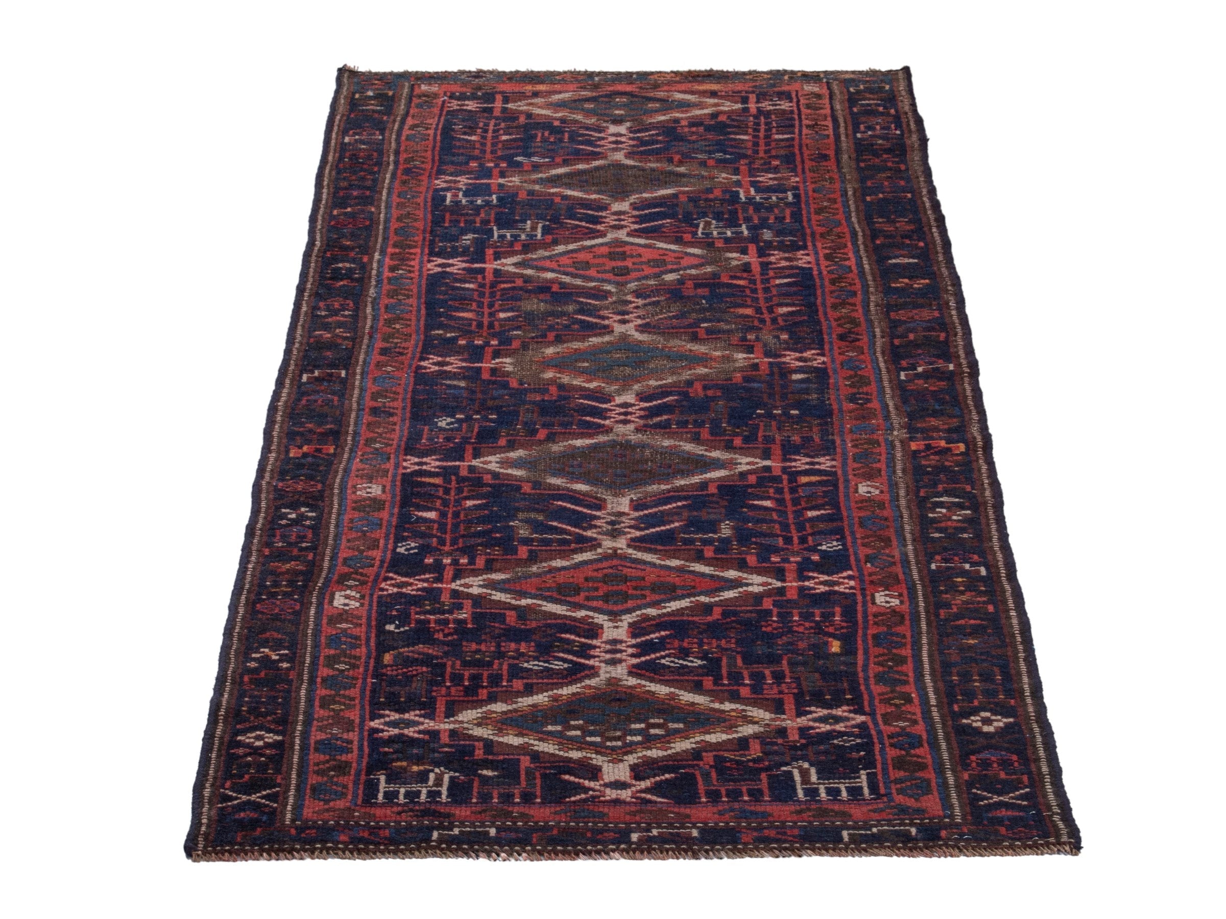Persian Lori runner rug in navy and burgundy, view 2 of 17