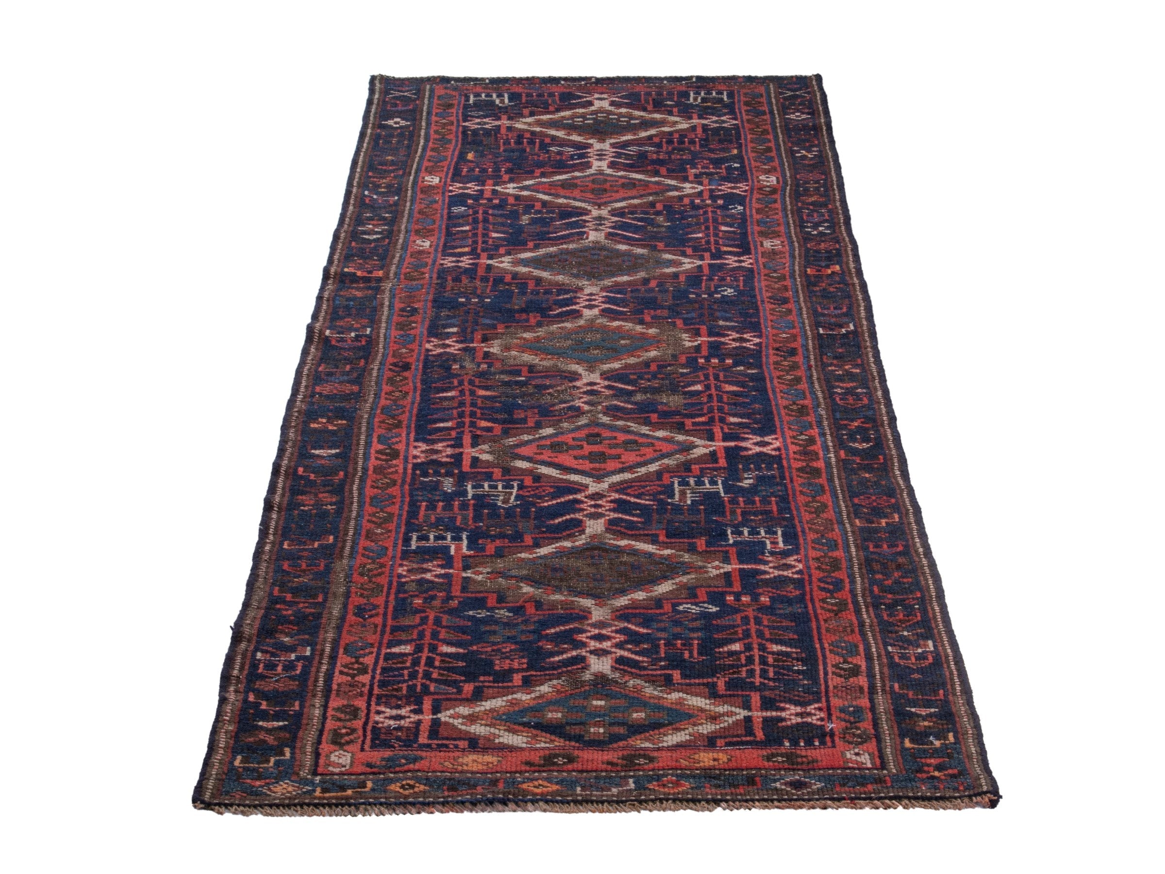 Persian Lori runner rug in navy and burgundy, view 3 of 17