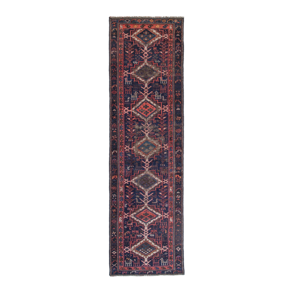 Persian Lori runner rug in navy and burgundy, 2'11" x 10'2"