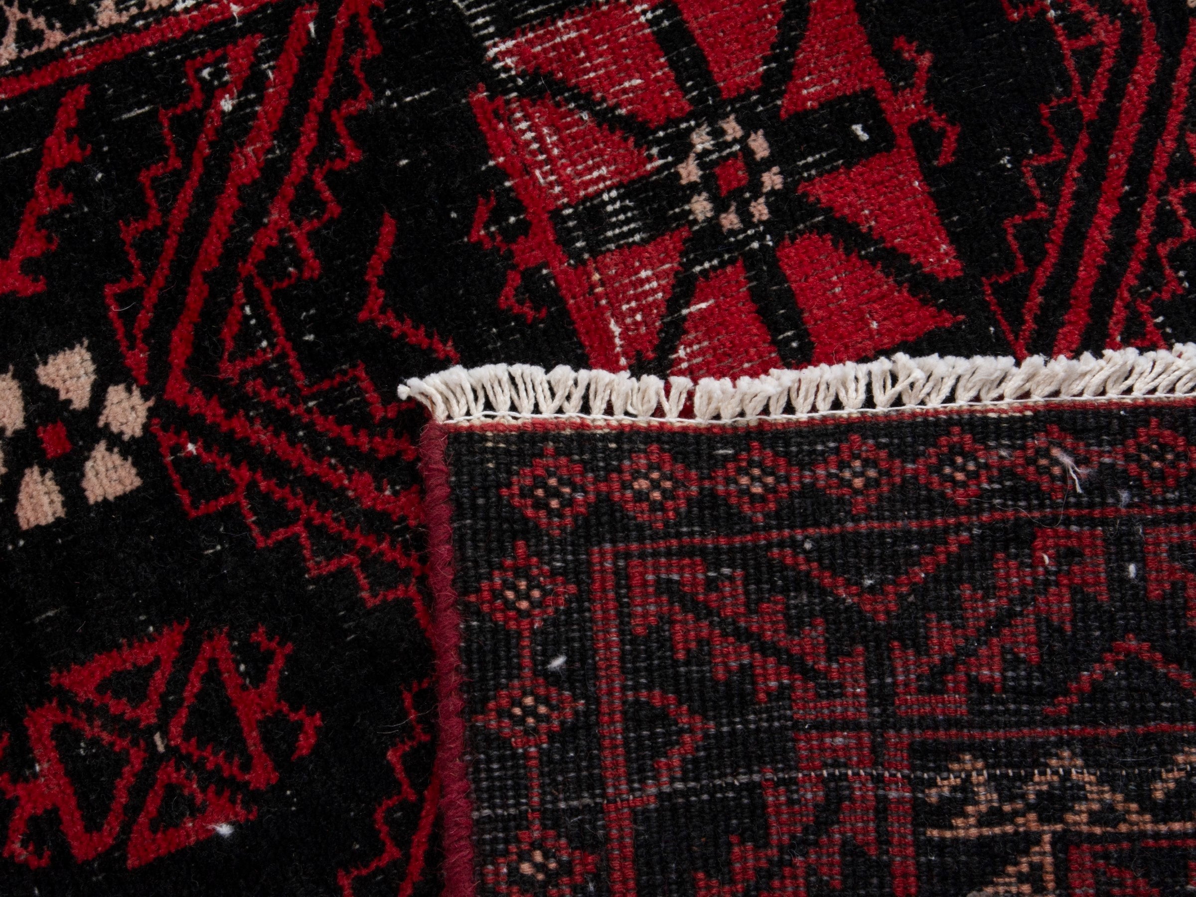 Persian Baluch runner rug in burgundy and rose, view 16 of 16