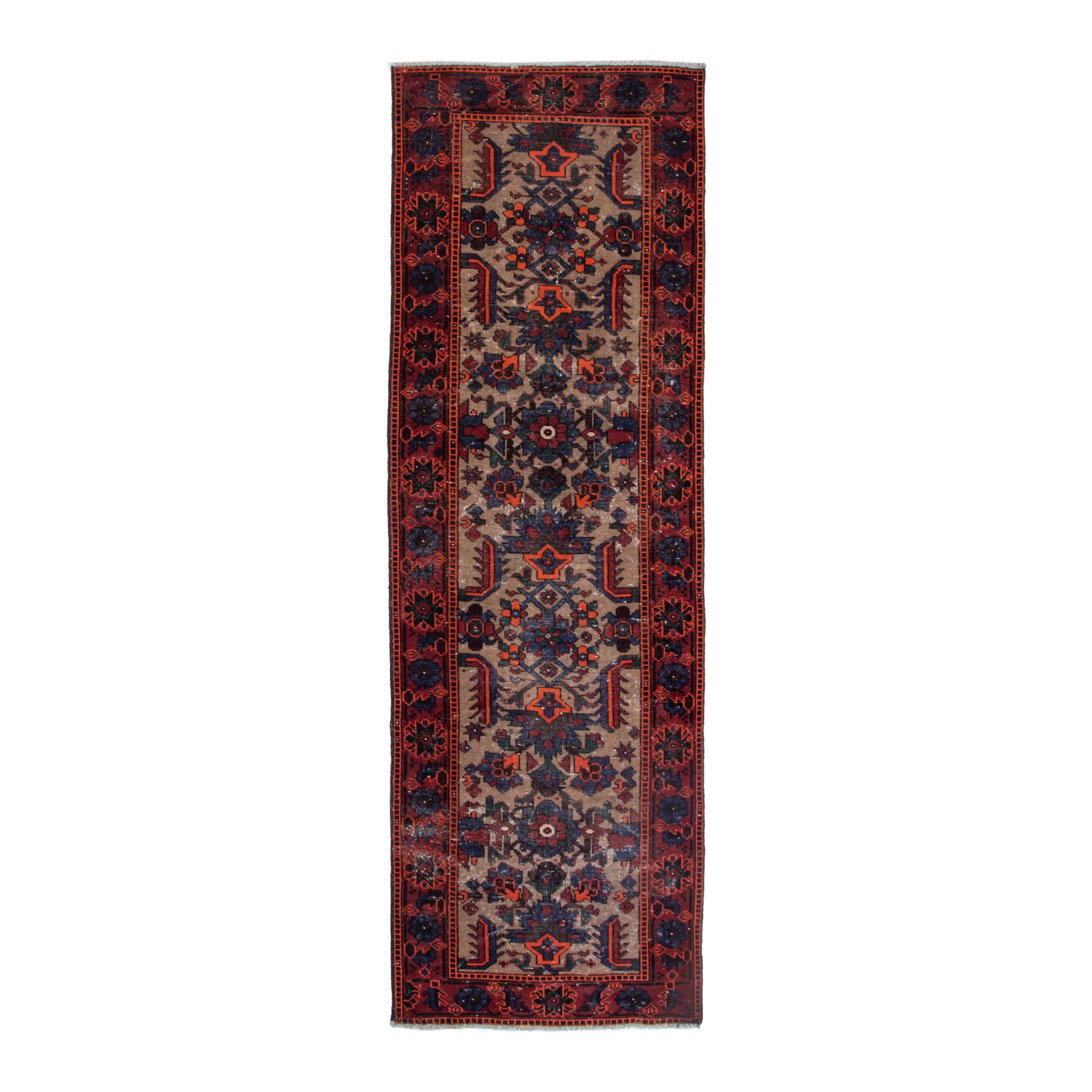 Persian Ferdos runner rug in cream and burgundy, 3'3" x 9'8"