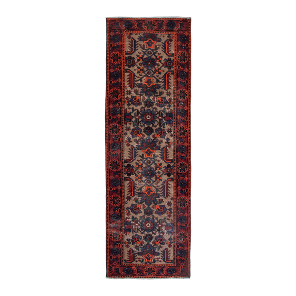 Persian Ferdos runner rug in cream and burgundy, 3'3" x 9'8"
