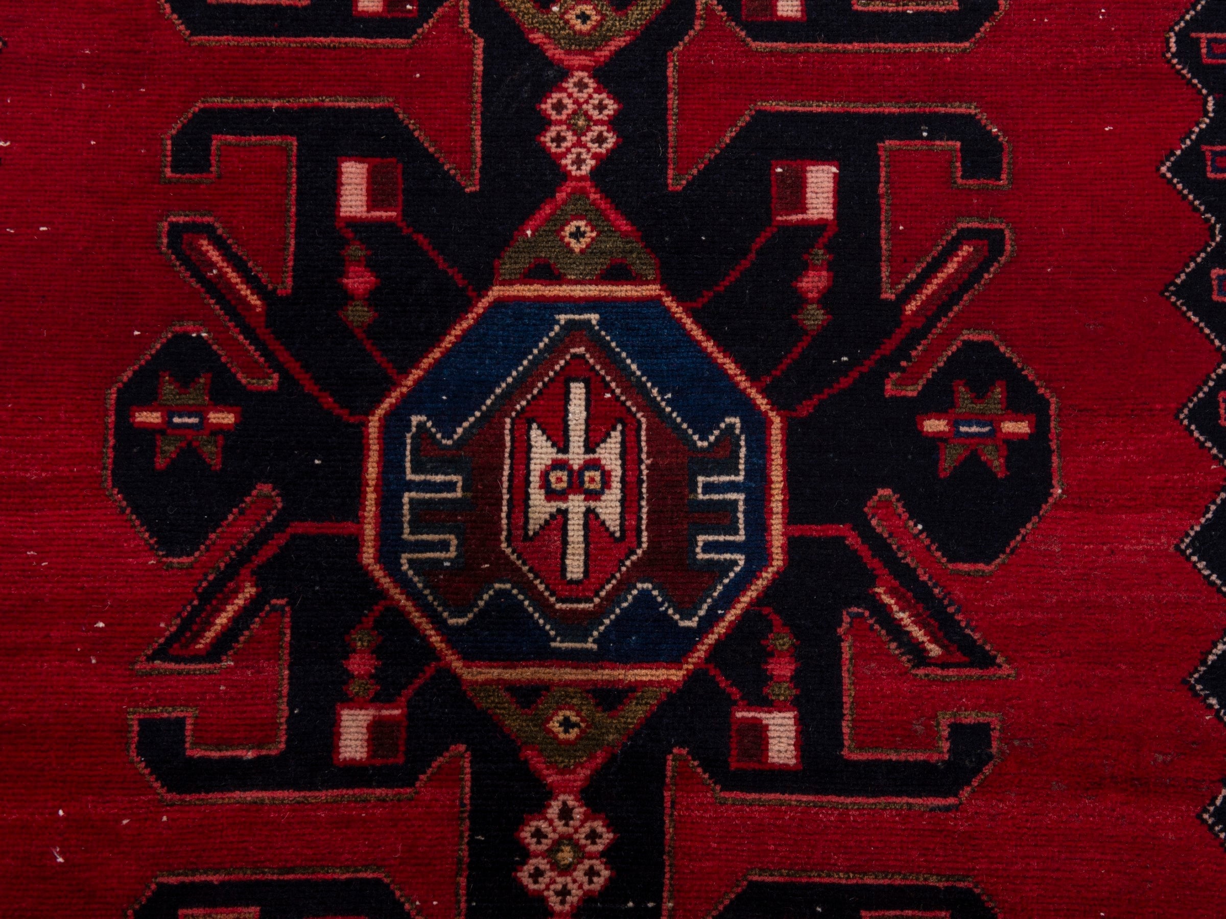 Persian Saveh runner rug in deep red and dark blue, view 12 of 17