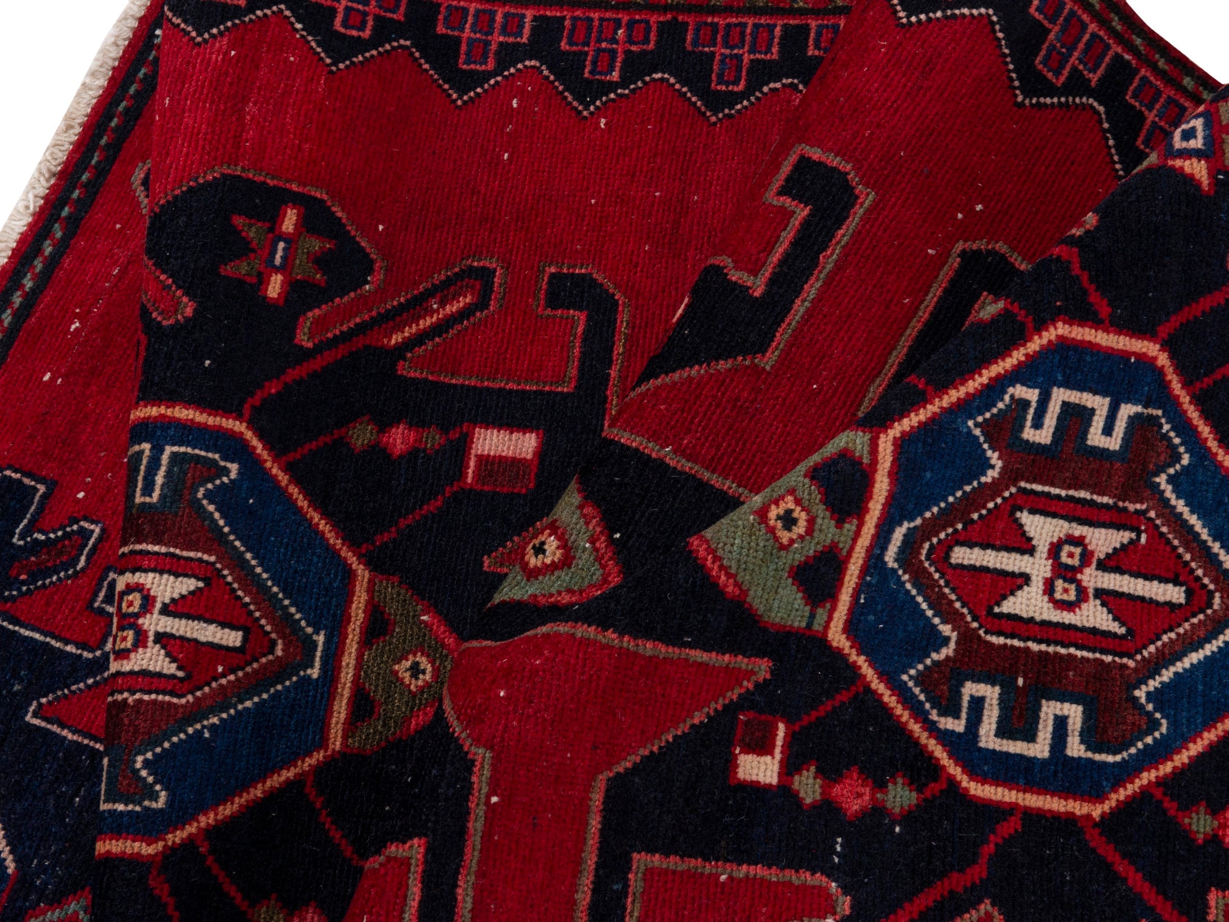Persian Saveh runner rug in deep red and dark blue, view 14 of 17