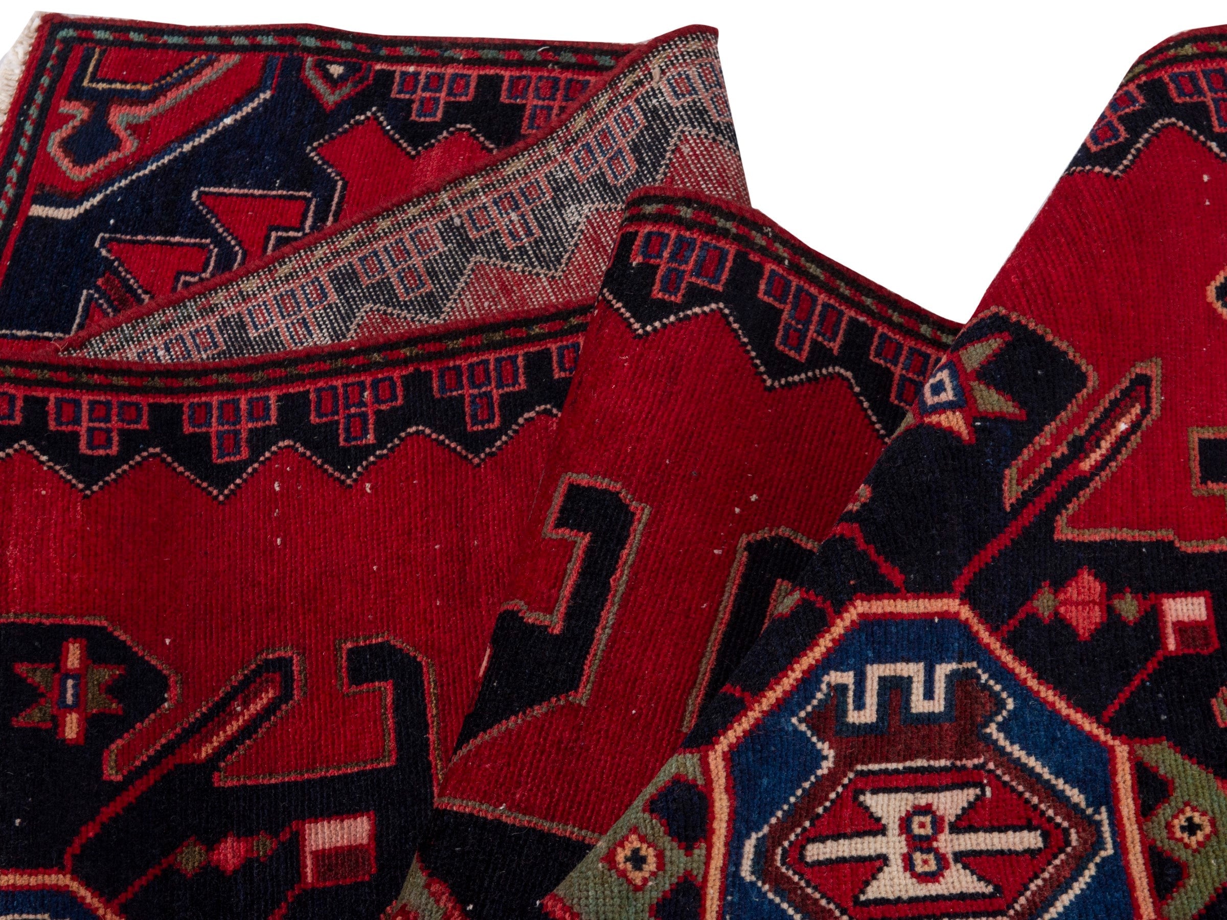 Persian Saveh runner rug in deep red and dark blue, view 15 of 17