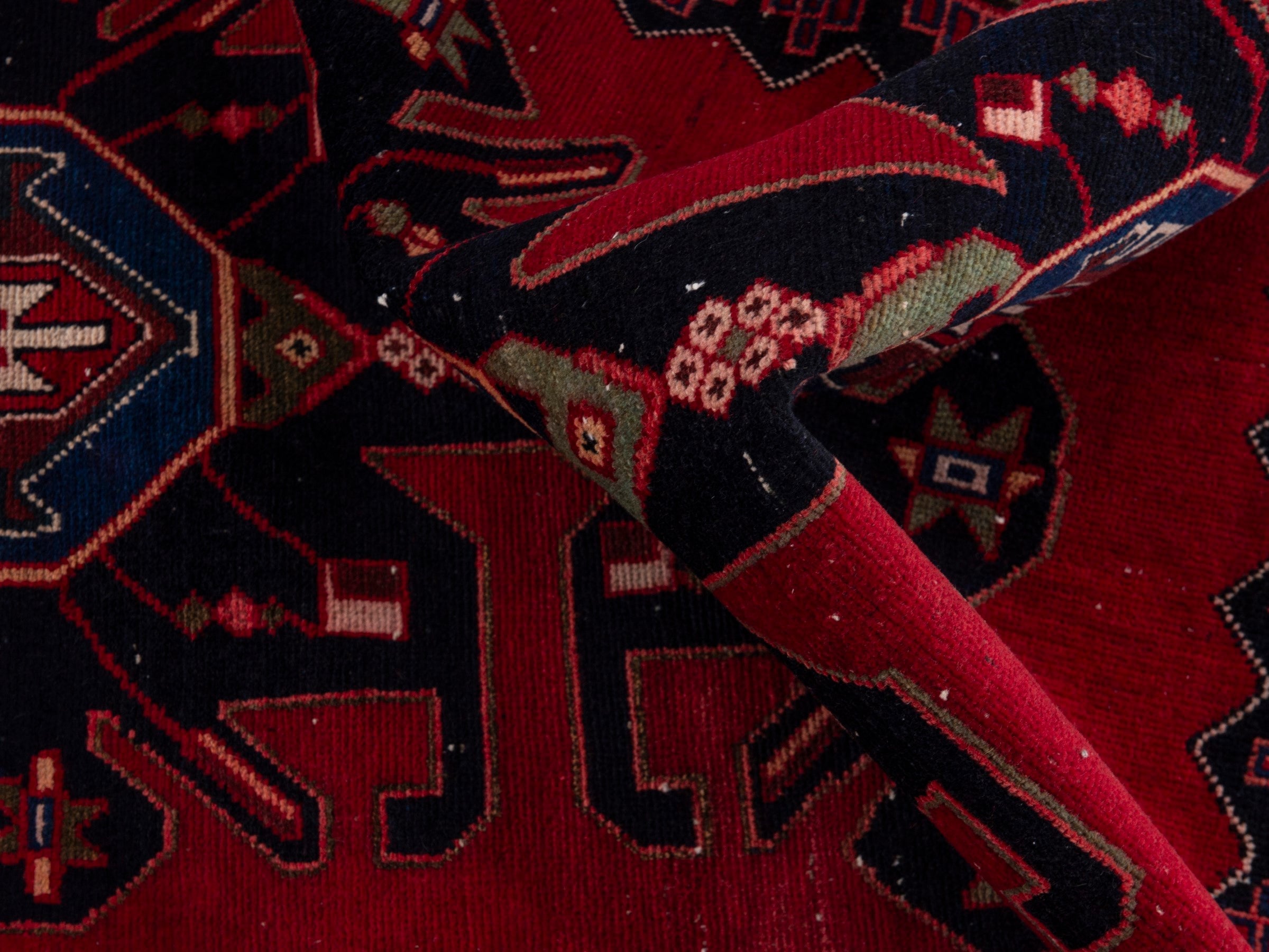 Persian Saveh runner rug in deep red and dark blue, view 16 of 17