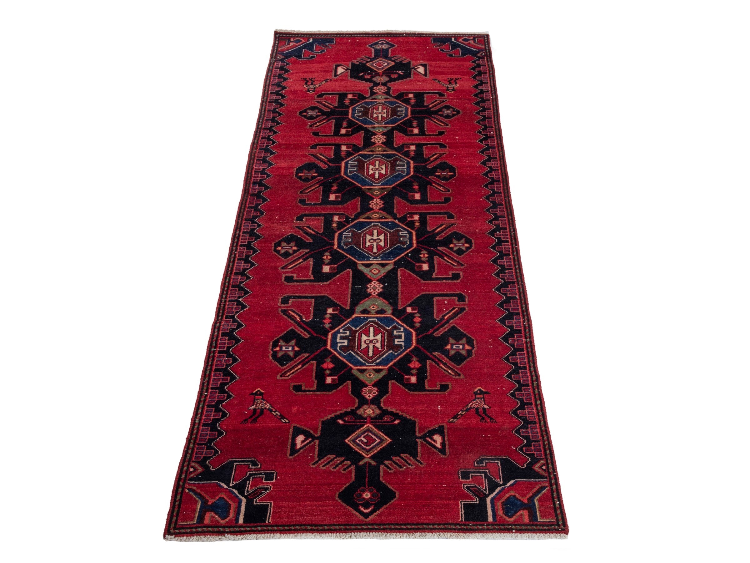 Persian Saveh runner rug in deep red and dark blue, view 2 of 17