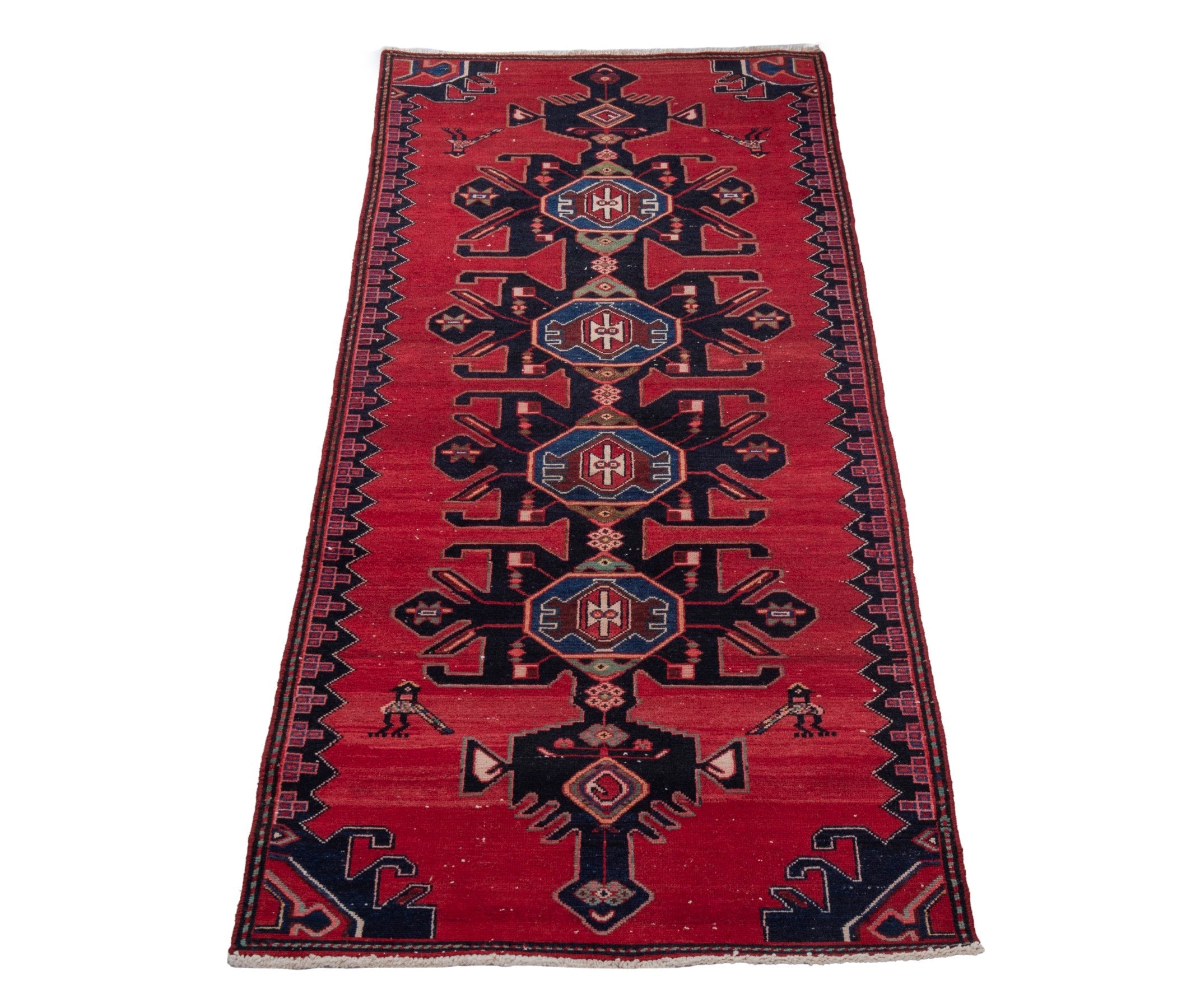 Persian Saveh runner rug in deep red and dark blue, view 3 of 17