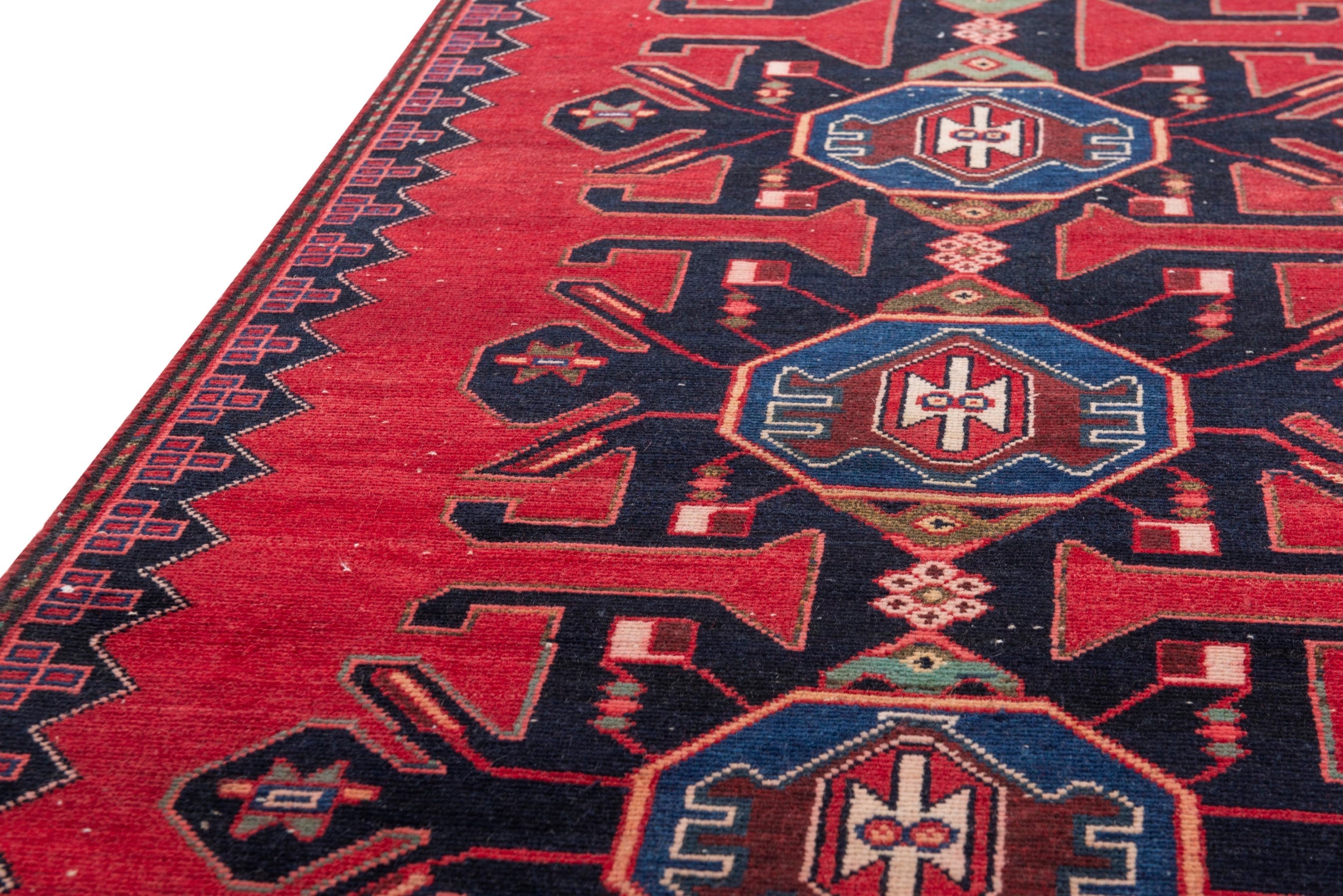 Persian Saveh runner rug in deep red and dark blue, view 9 of 17