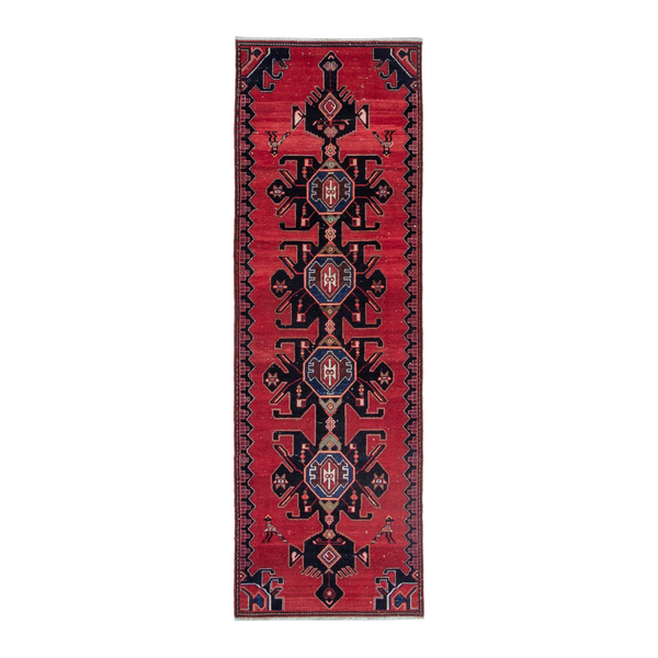 Persian Saveh runner rug in deep red and dark blue, 2'9" x 8'8"