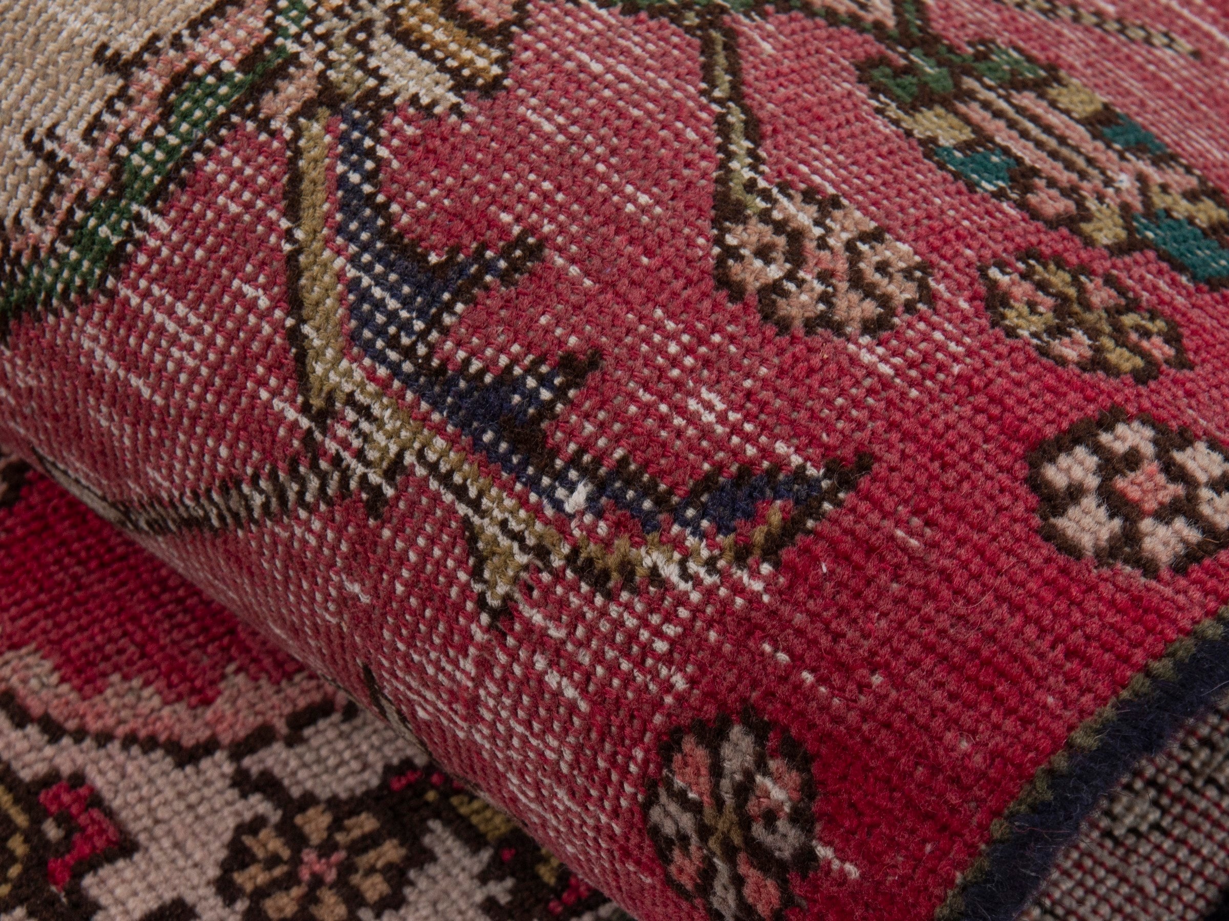 Persian Tabriz runner rug in faded red and dark brown, view 16 of 18