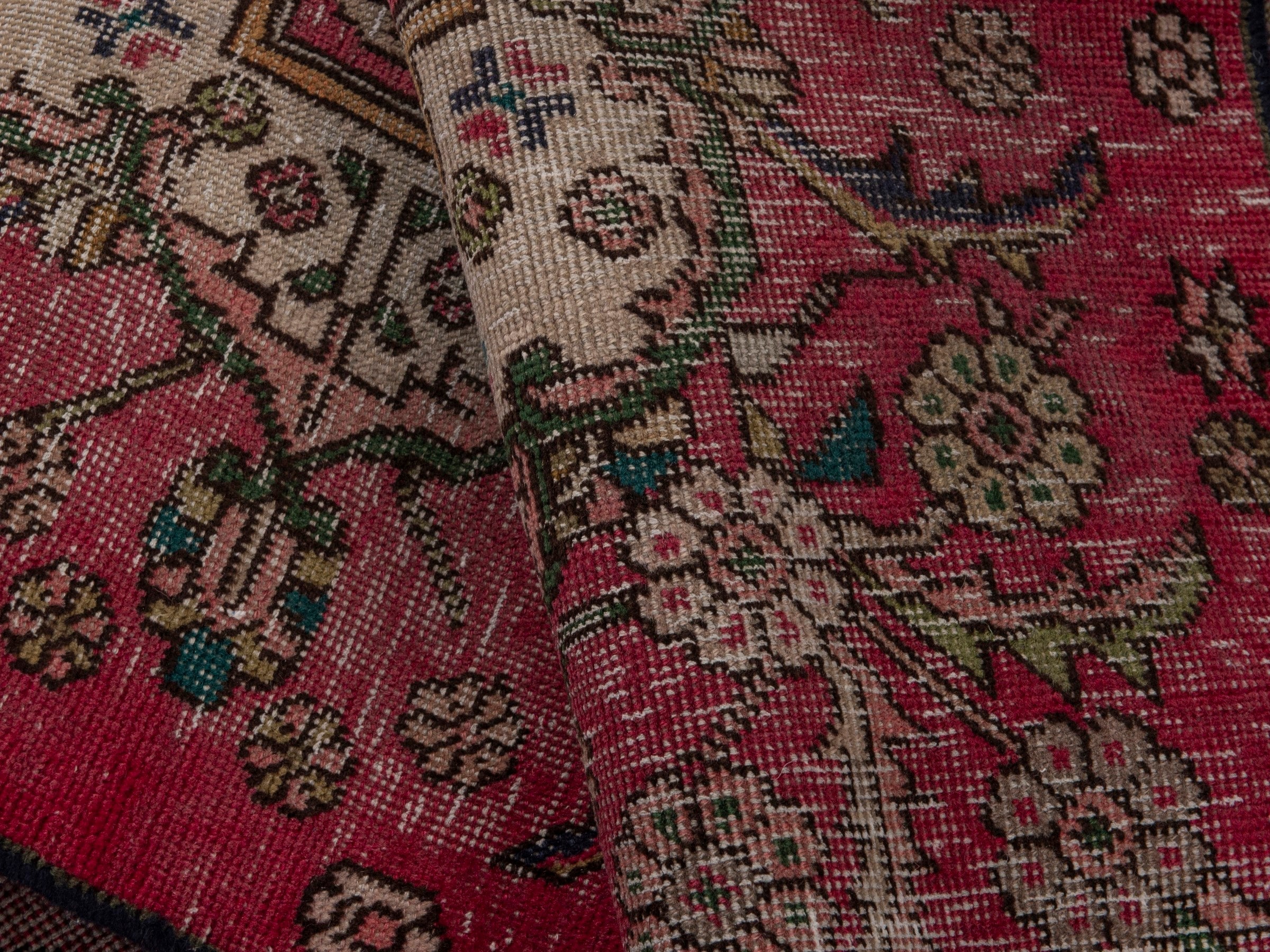 Persian Tabriz runner rug in faded red and dark brown, view 17 of 18