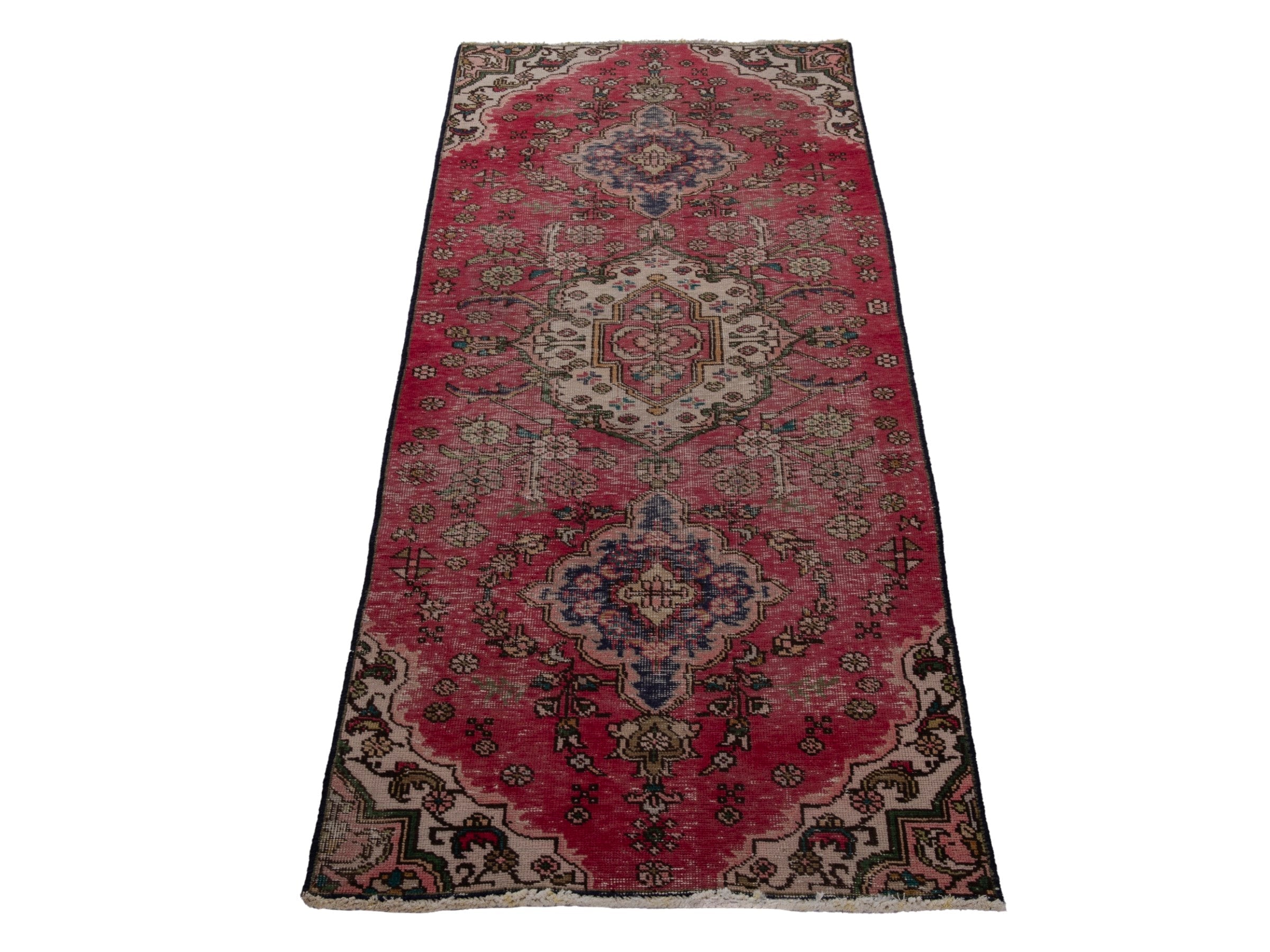 Persian Tabriz runner rug in faded red and dark brown, view 3 of 18