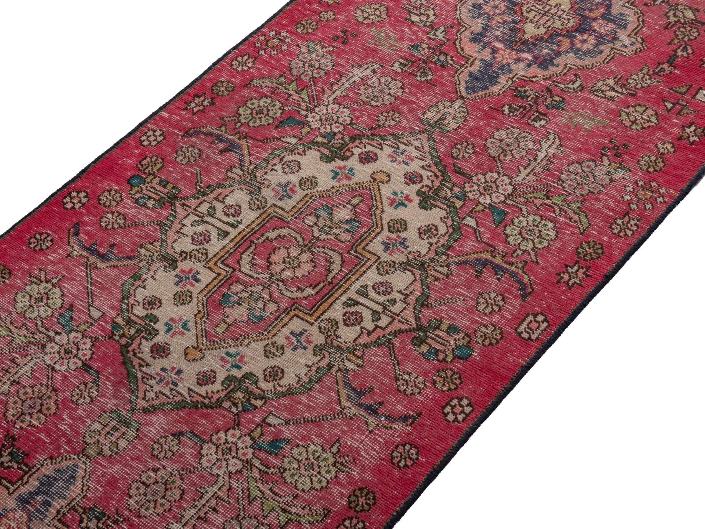 Persian Tabriz runner rug in faded red and dark brown, view 4 of 18