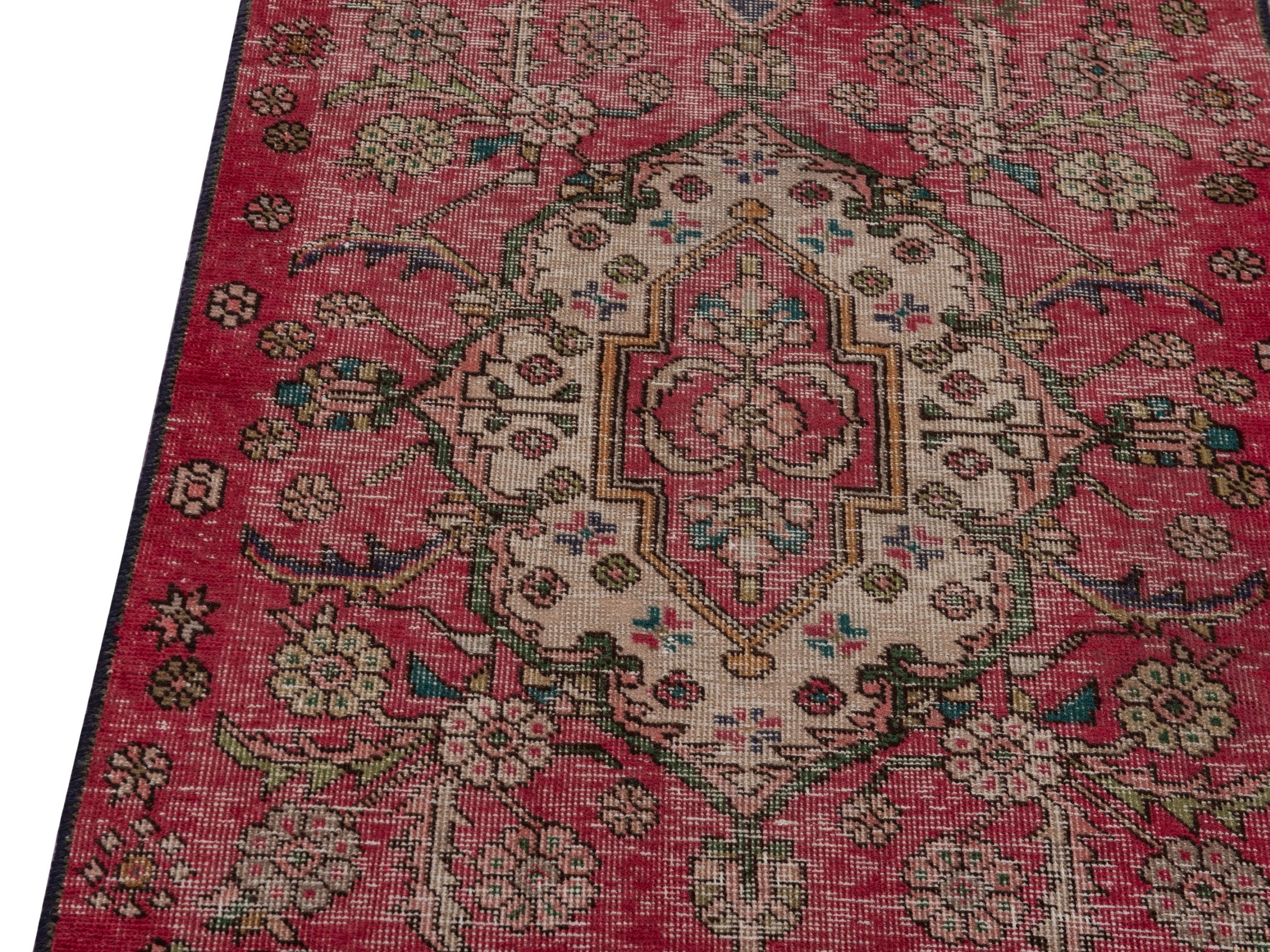 Persian Tabriz runner rug in faded red and dark brown, view 7 of 18