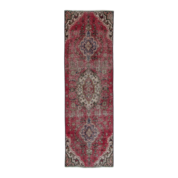 Persian Tabriz runner rug in faded red and dark brown, 2'7" x 7'7"