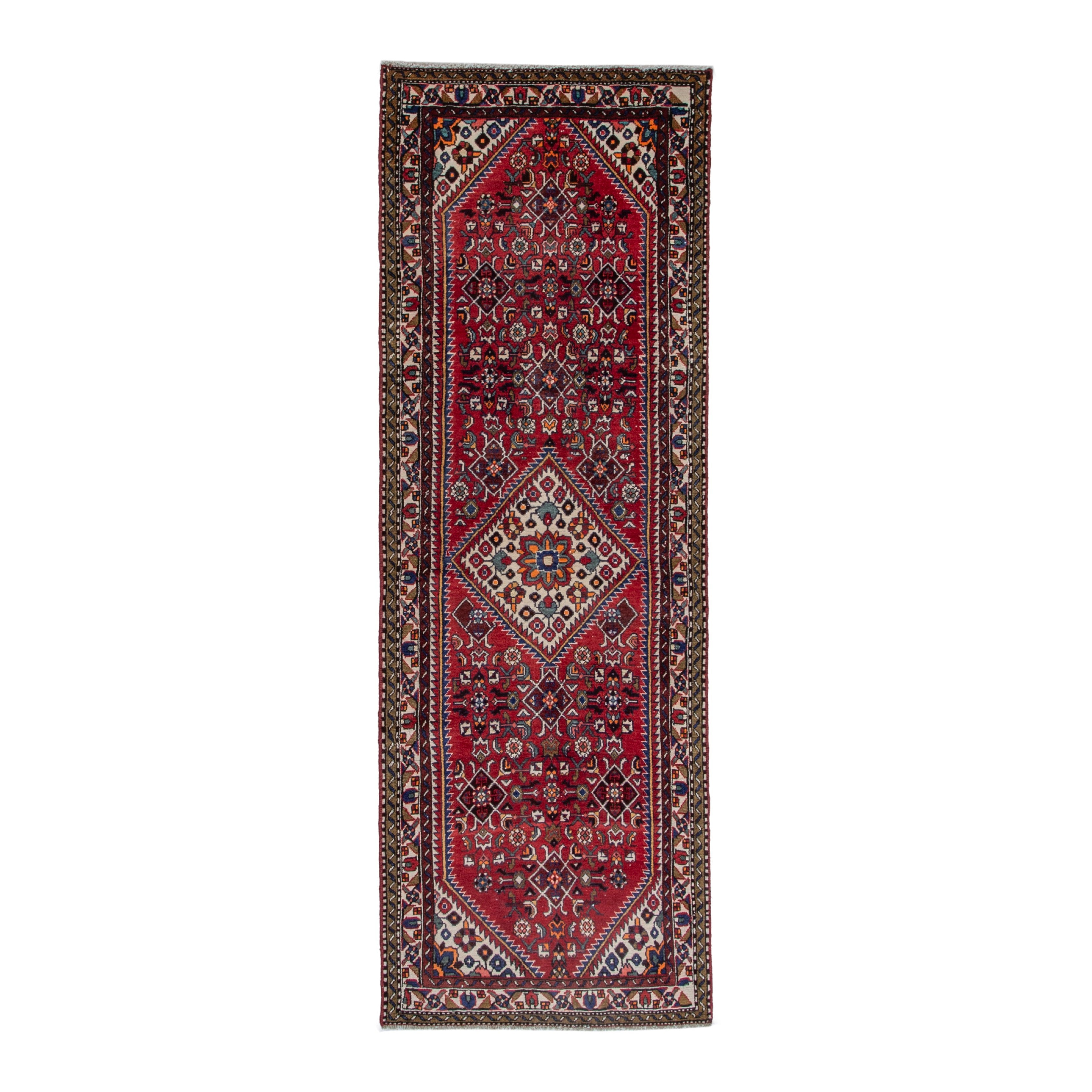 Persian Hamedan runner rug in burgundy and dark brown, 3'3" x 9'1"