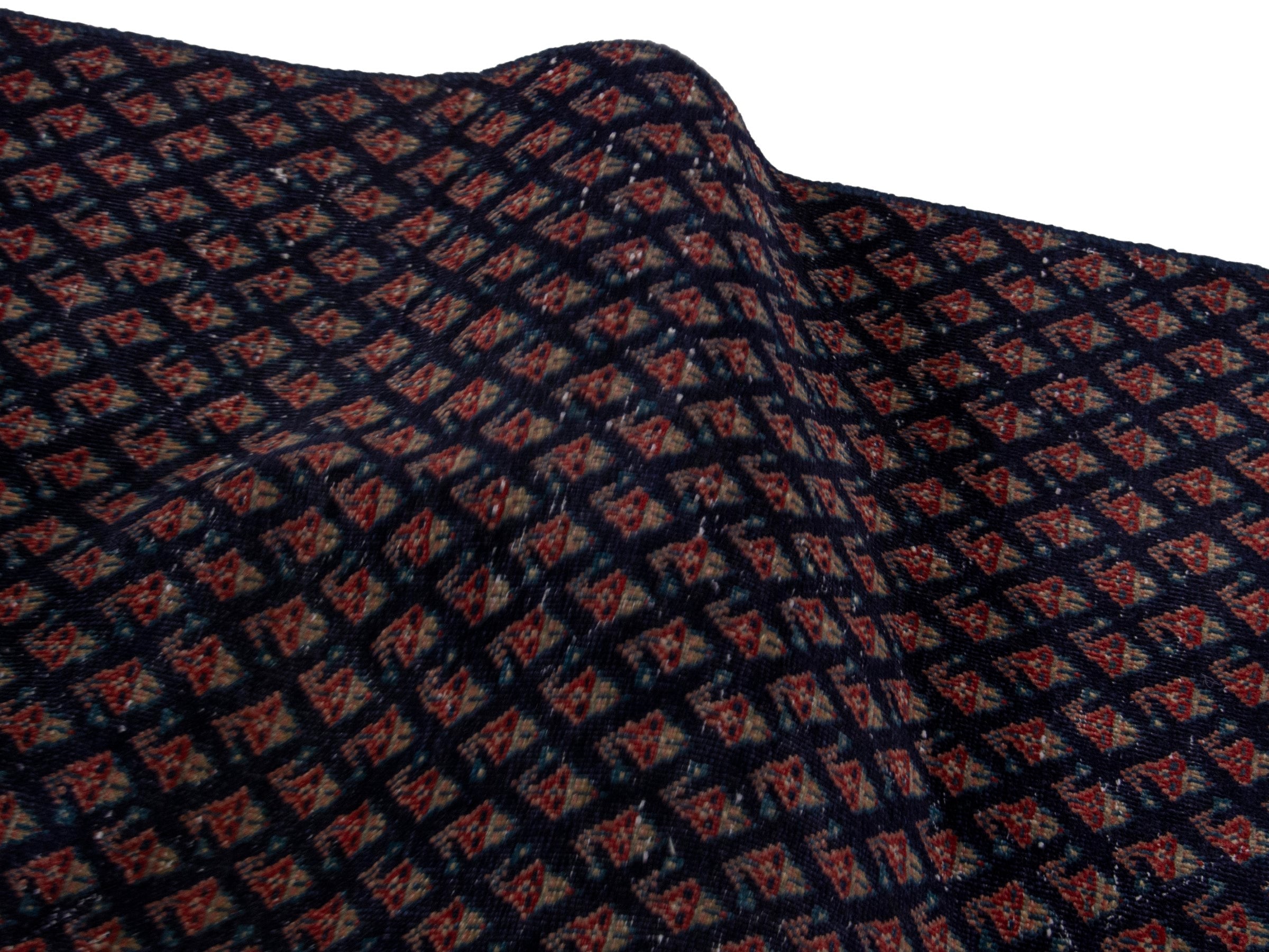 Persian Botteh runner rug in navy and greige, view 16 of 17