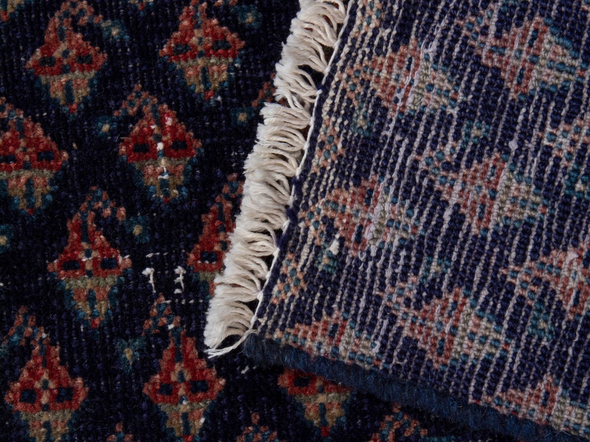 Persian Botteh runner rug in navy and greige, view 17 of 17