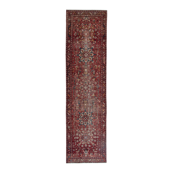 Persian Goravan runner rug in burgundy and cream, 3'7" x 13'1"
