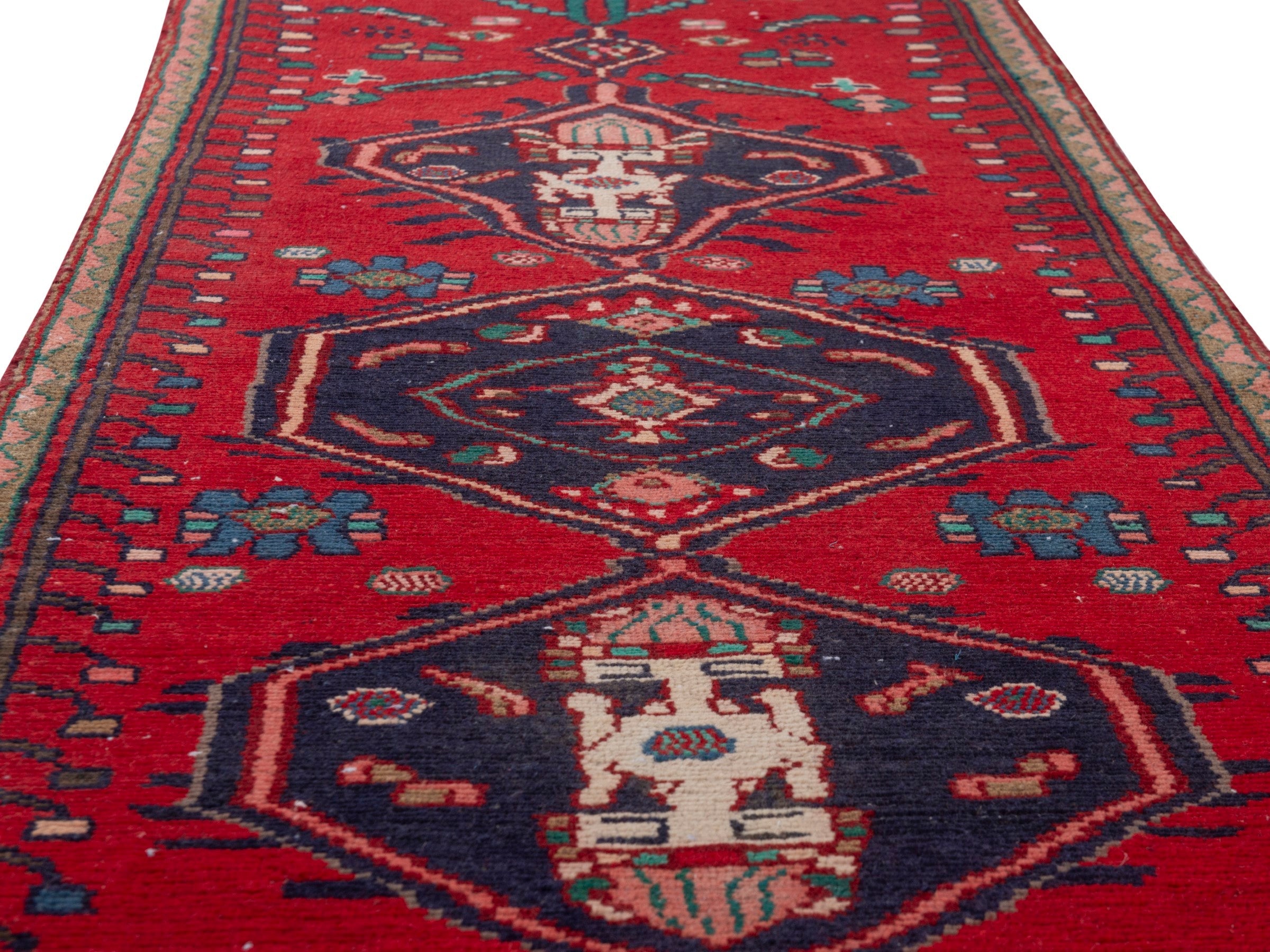 Persian Hamedan runner rug in deep red and dark blue, view 10 of 18