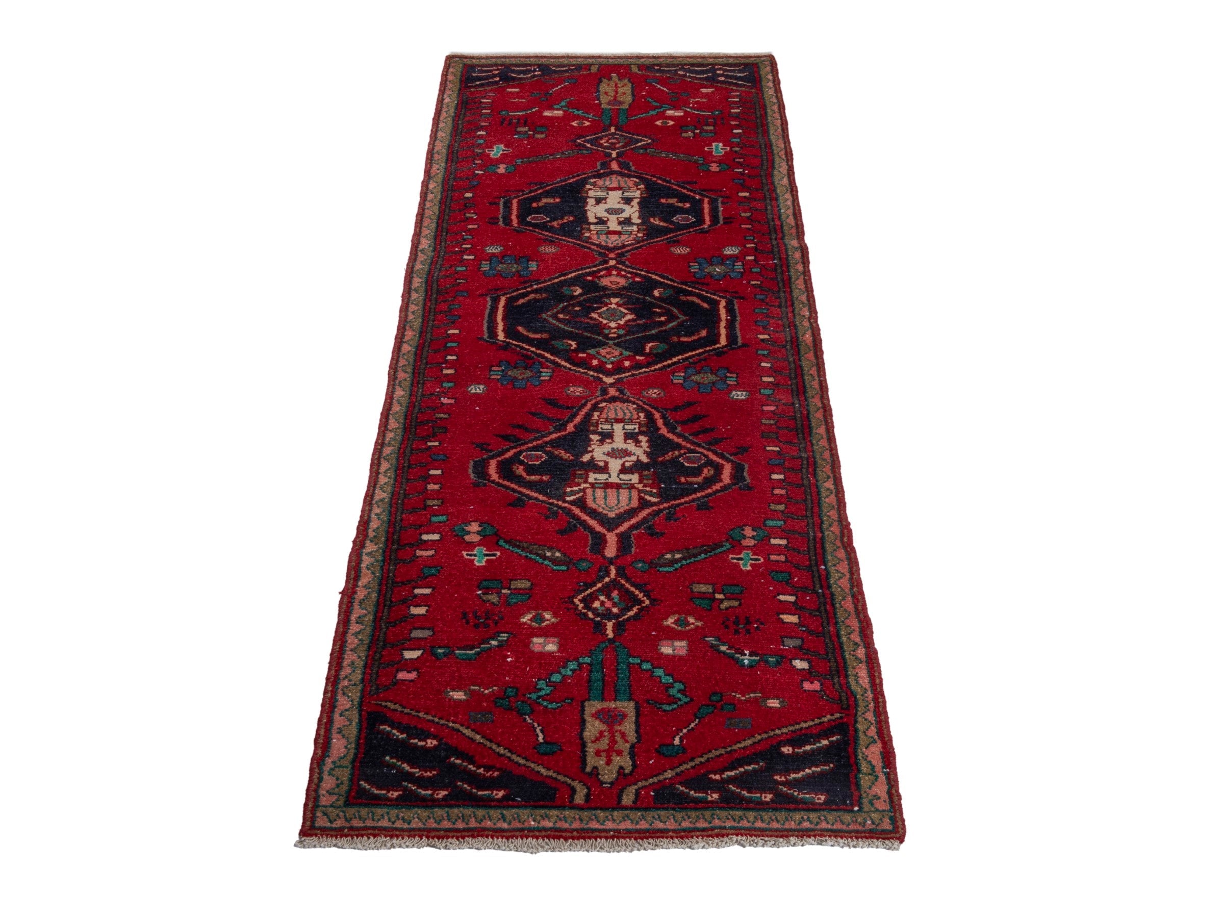 Persian Hamedan runner rug in deep red and dark blue, view 2 of 18