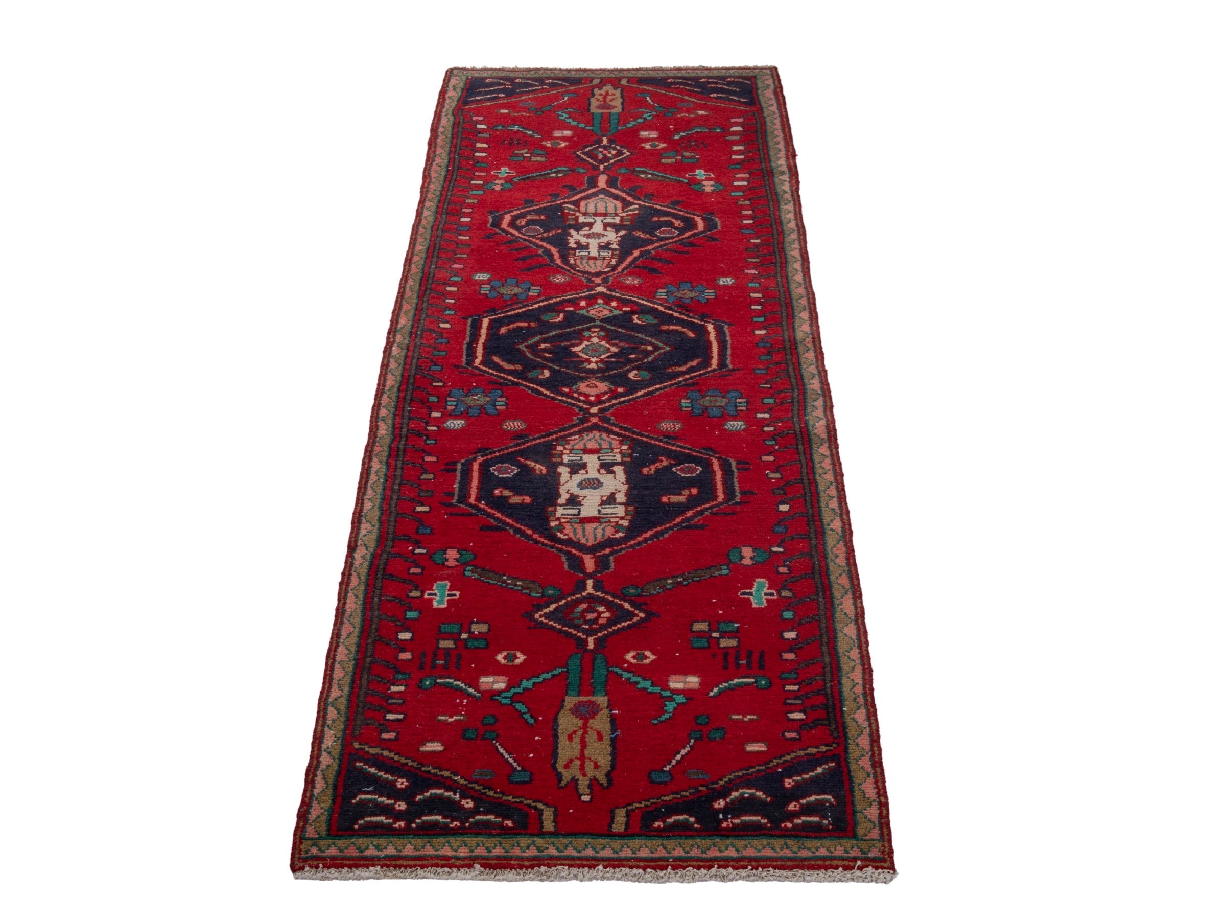 Persian Hamedan runner rug in deep red and dark blue, view 3 of 18