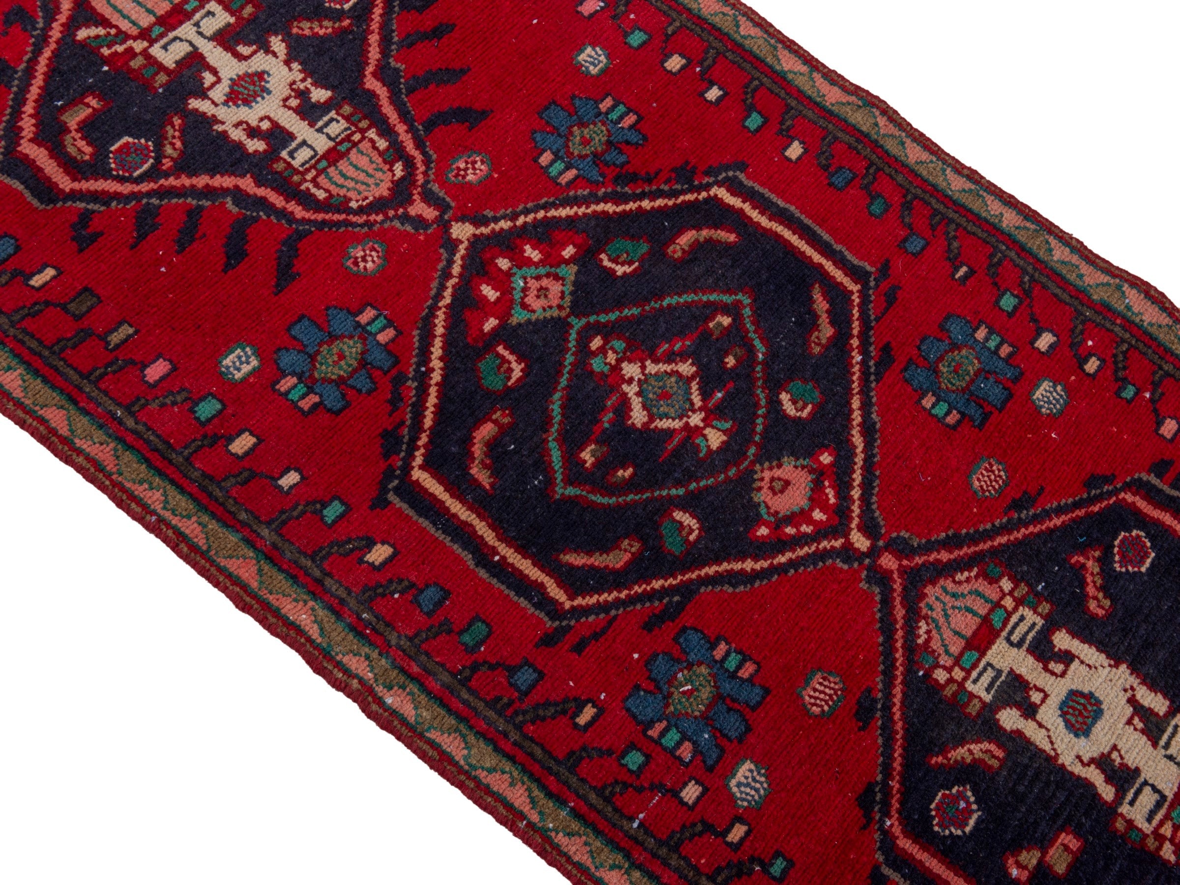 Persian Hamedan runner rug in deep red and dark blue, view 4 of 18